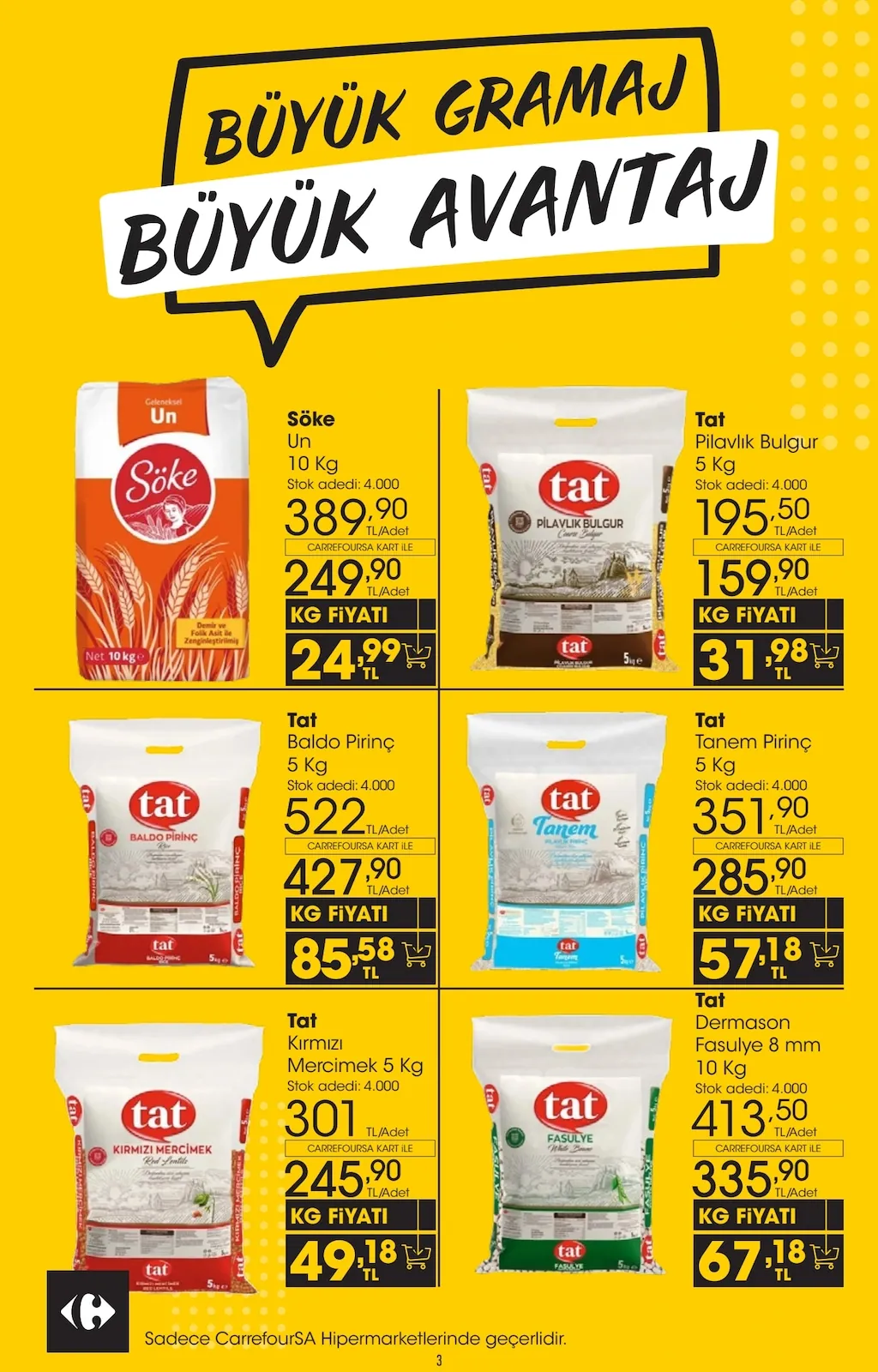 CarrefourSA CarrefourSA 22 Nisan 2026 Aktüel Kataloğu sayfa 3: Tat Tanem Pirinç 5 Kg, Tat Dermason Fasulye 8 Mm 10 Kg