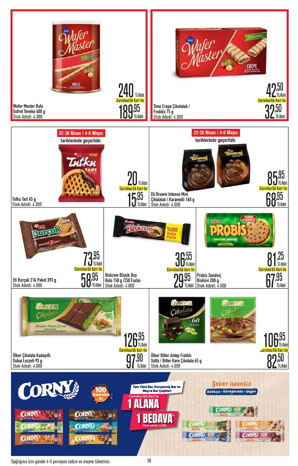CarrefourSA CarrefourSA 22 Nisan 2026 Aktüel Kataloğu sayfa 30: Eti Burçak 3'Lü Paket 393 G, Time Krep Çikolatalı/Fındıklı 75 G