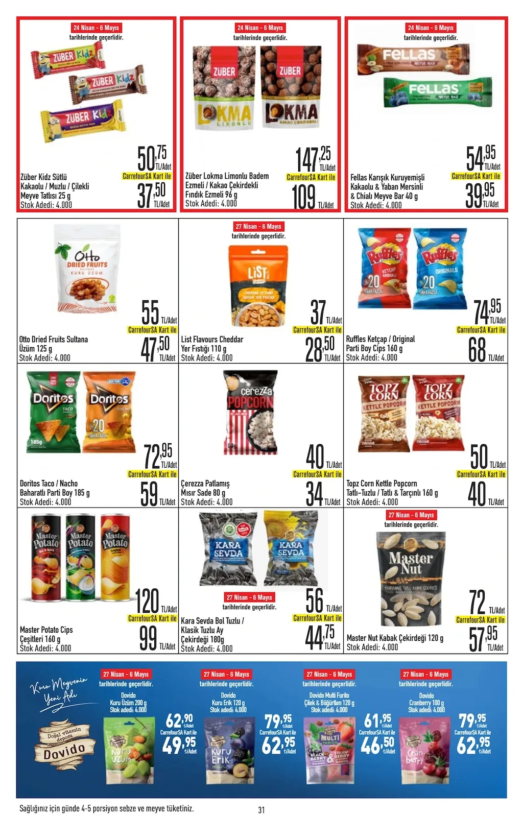 CarrefourSA CarrefourSA 22 Nisan 2026 Aktüel Kataloğu sayfa 31: Cerezka Patlamış Mısır Sade 80 G, Fellas Karışık Kuruyemişli Kakaolu & Yaban Mersinli & Chiali Meyve Bar 40 G