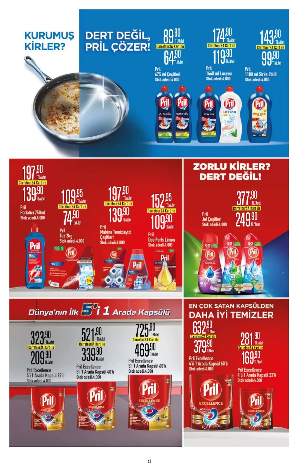 CarrefourSA CarrefourSA 22 Nisan 2026 Aktüel Kataloğu sayfa 41: Pril Jel Çeşitleri, Pril Excellence 4'Ü 1 Arada Kapsül 60'Lı