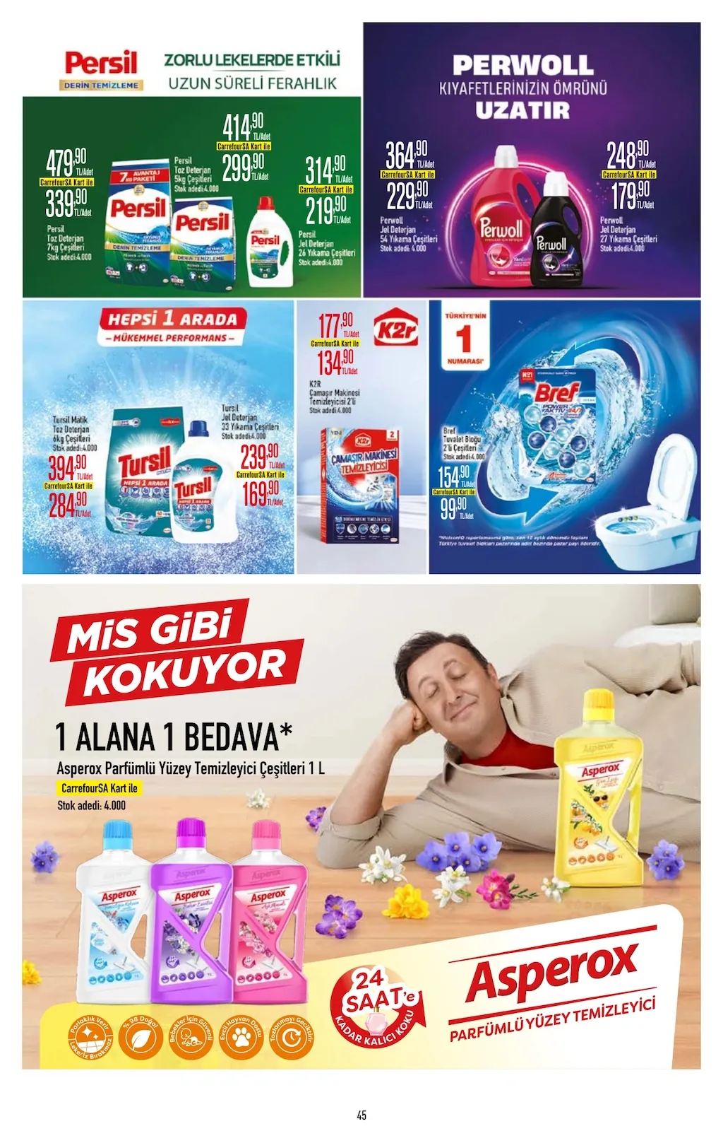 CarrefourSA CarrefourSA 22 Nisan 2026 Aktüel Kataloğu sayfa 45: Perwoll Jel Deterjan 54 Yıkama Çeşitleri, Bref Tuvalet Bloku 2'Li Çeşitleri