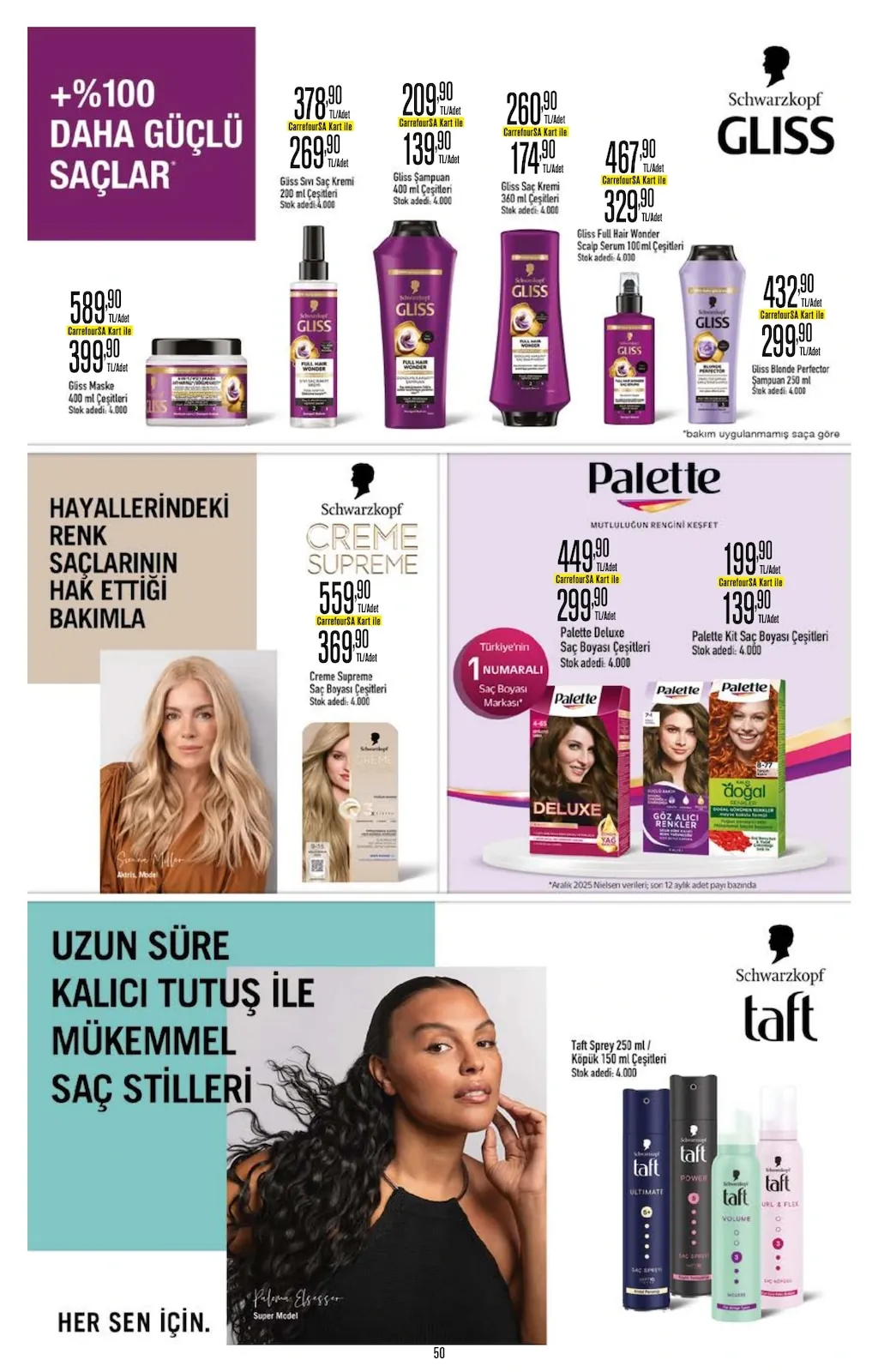 CarrefourSA CarrefourSA 22 Nisan 2026 Aktüel Kataloğu sayfa 50: Schwarzkopf Creme Supreme Saç Boyası Çeşitleri, Palette Deluxe Saç Boyası Çeşitleri