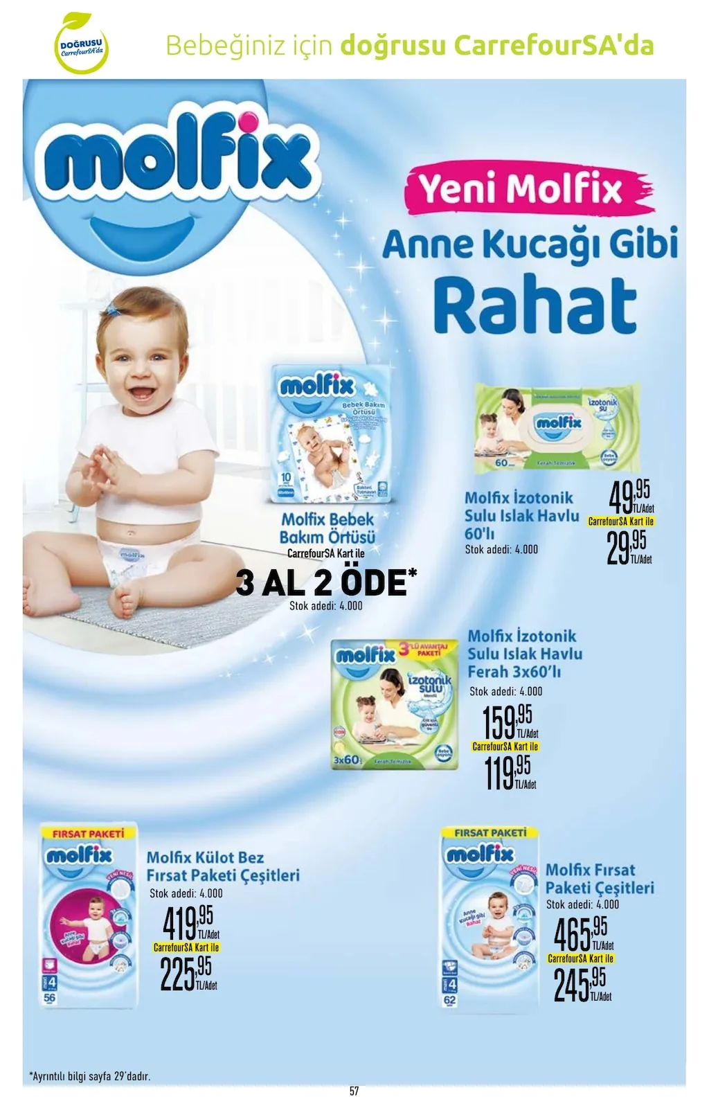 CarrefourSA CarrefourSA 22 Nisan 2026 Aktüel Kataloğu sayfa 57: Molfix Fırsat Paketi Çeşitleri Maxi 4 62 Adet, Molfix Izonik Sulu Islak Havlu Ferah 3X60'Lı