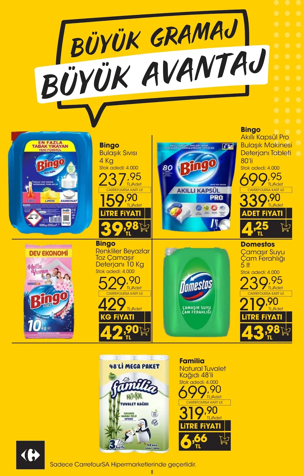 CarrefourSA CarrefourSA 22 Nisan 2026 Aktüel Kataloğu sayfa 8: Bingo Akıllı Kapsül Pro Bulaşık Makinesi Deterjanı Tableti 80'Li, Bingo Bulaşık Sıvısı 4 Kg