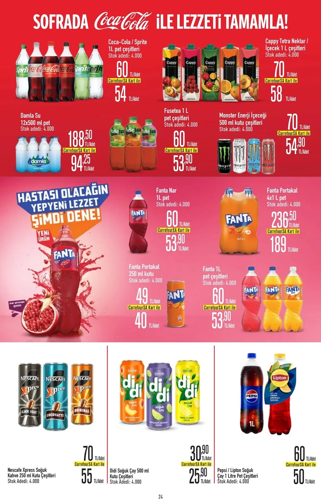 CarrefourSA CarrefourSA 7 Mayıs 2026 Aktüel Kataloğu sayfa 25: Pepsi / Lipton Soguk Cay 1 Litre Pet Cesitleri, Didi Soguk Cay 500 Ml Kutu Cesitleri