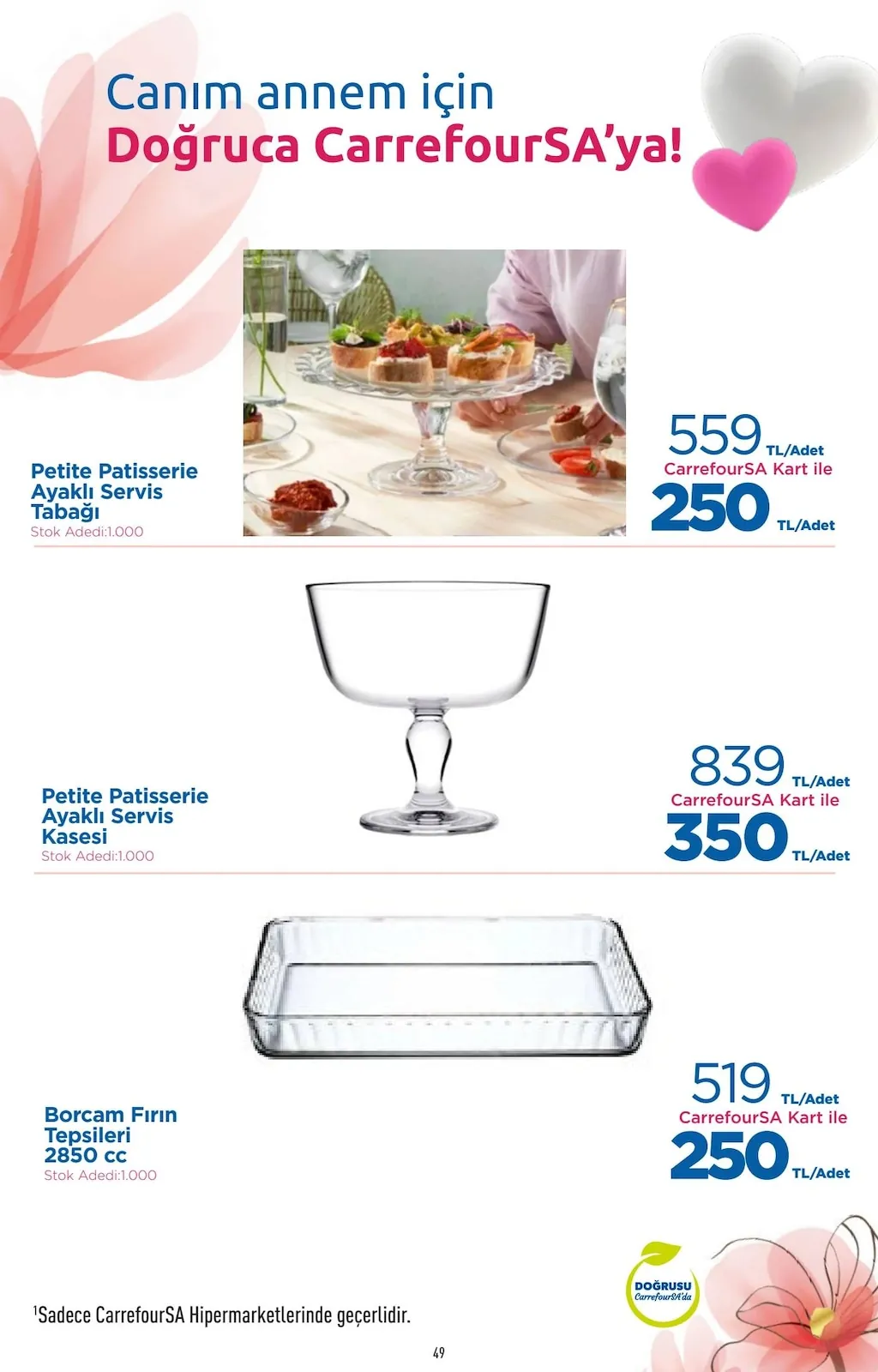 CarrefourSA CarrefourSA 7 Mayıs 2026 Aktüel Kataloğu sayfa 50: Petite Patisserie Ayaklı Servis Kasesi, Borcam Fırın Tepsileri 2850Cc