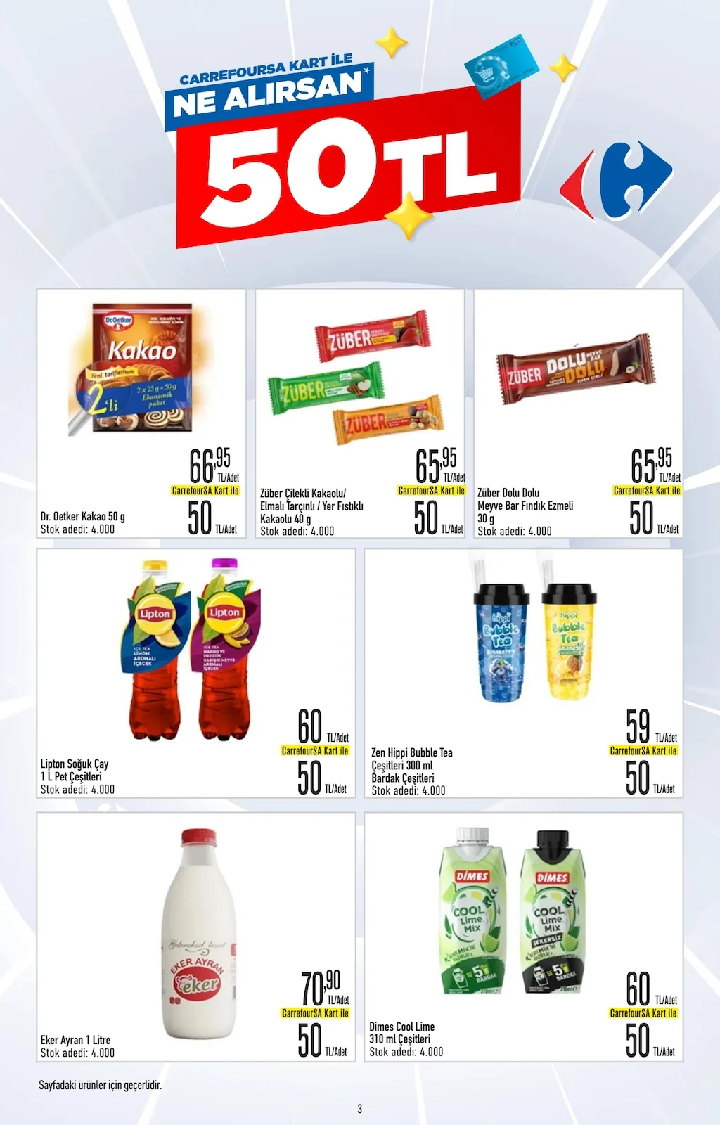 CarrefourSA CarrefourSA 1 Haziran 2026 Aktüel Kataloğu sayfa 3: Züber Çilekli Kakaolu/Elmalı Tarçınlı / Yer Fıstıklı Kakaolu 40G, Lipton Soğuk Çay 1 L Pet Çeşitleri