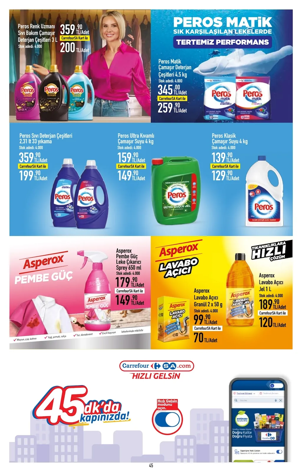 CarrefourSA CarrefourSA 1 Haziran 2026 Aktüel Kataloğu sayfa 45: Peros Klasik Çamaşır Suyu 4 Kg, Peros Sıvı Deterjan Çeşitleri 2,31 Lt 33 Yıkama