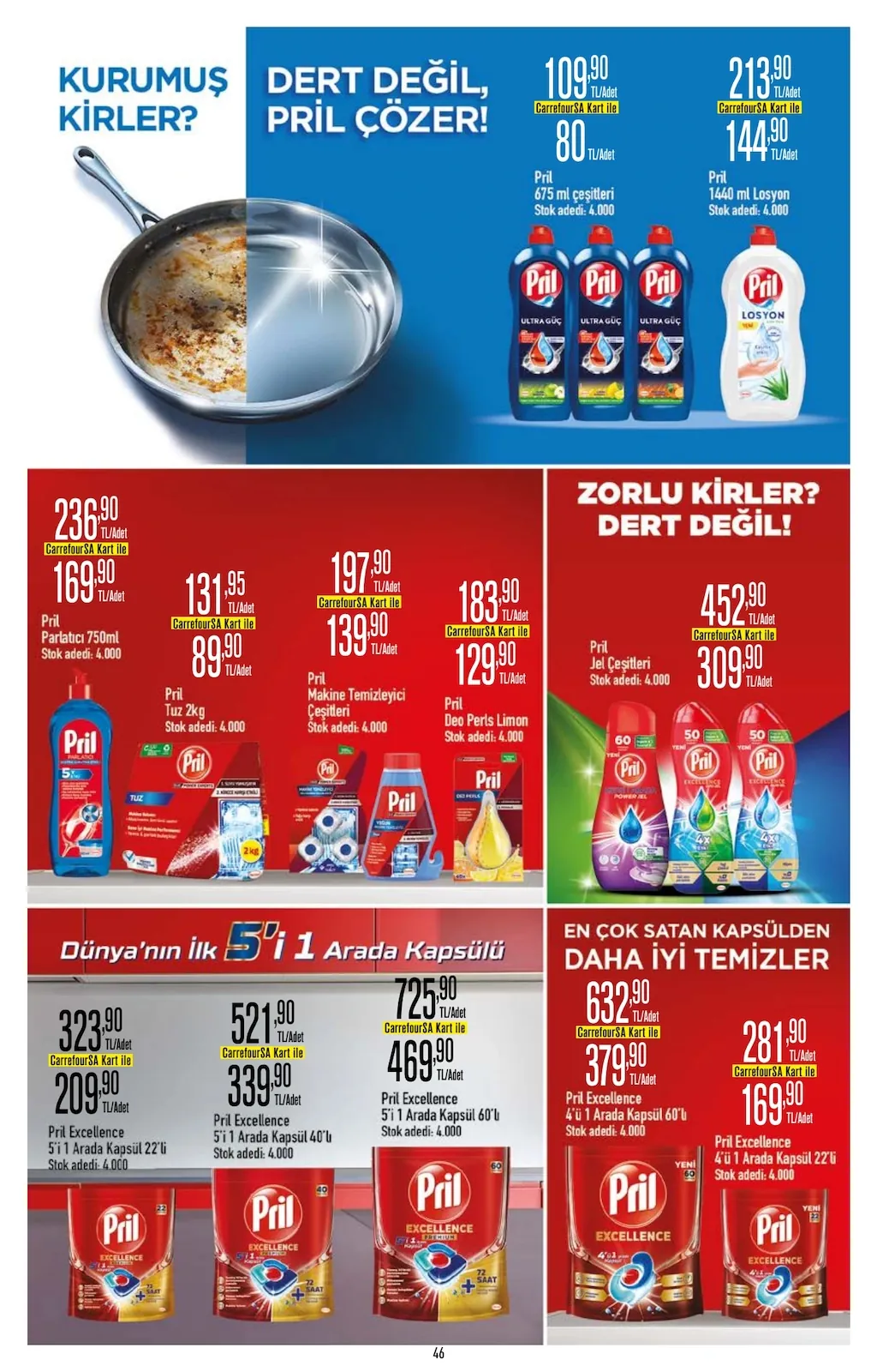 CarrefourSA CarrefourSA 1 Haziran 2026 Aktüel Kataloğu sayfa 46: Pril Excellence 4'Ü 1 Arada Kapsül 60'Lı, Pril Jel Çeşitleri