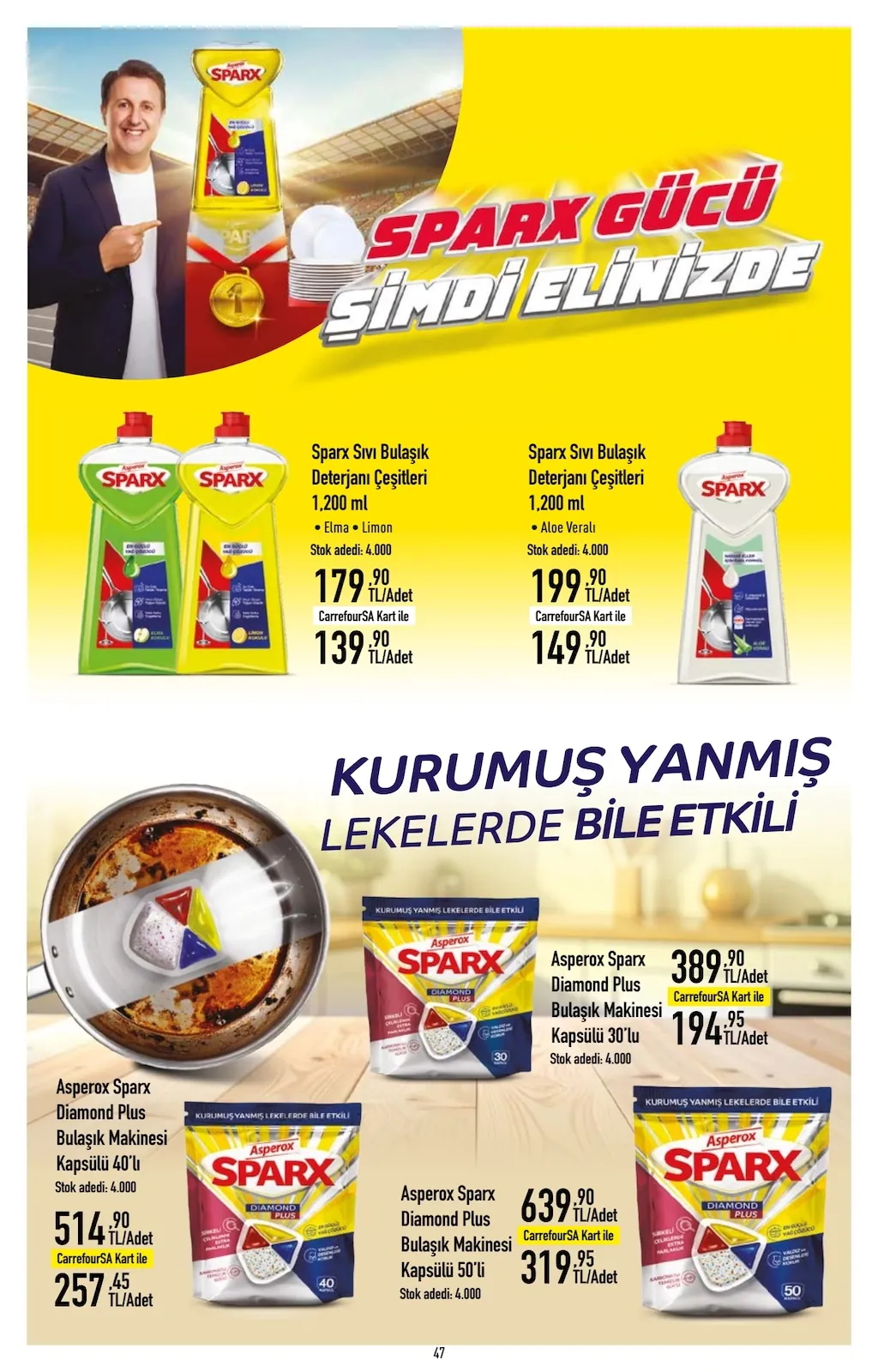 CarrefourSA CarrefourSA 1 Haziran 2026 Aktüel Kataloğu sayfa 47: Sparx Sıvı Bulaşık Deterjanı Aloe Veralı 1200 Ml, Asperox Sparx Diamond Plus Bulaşık Makinesi Kapsülü 40'Lı