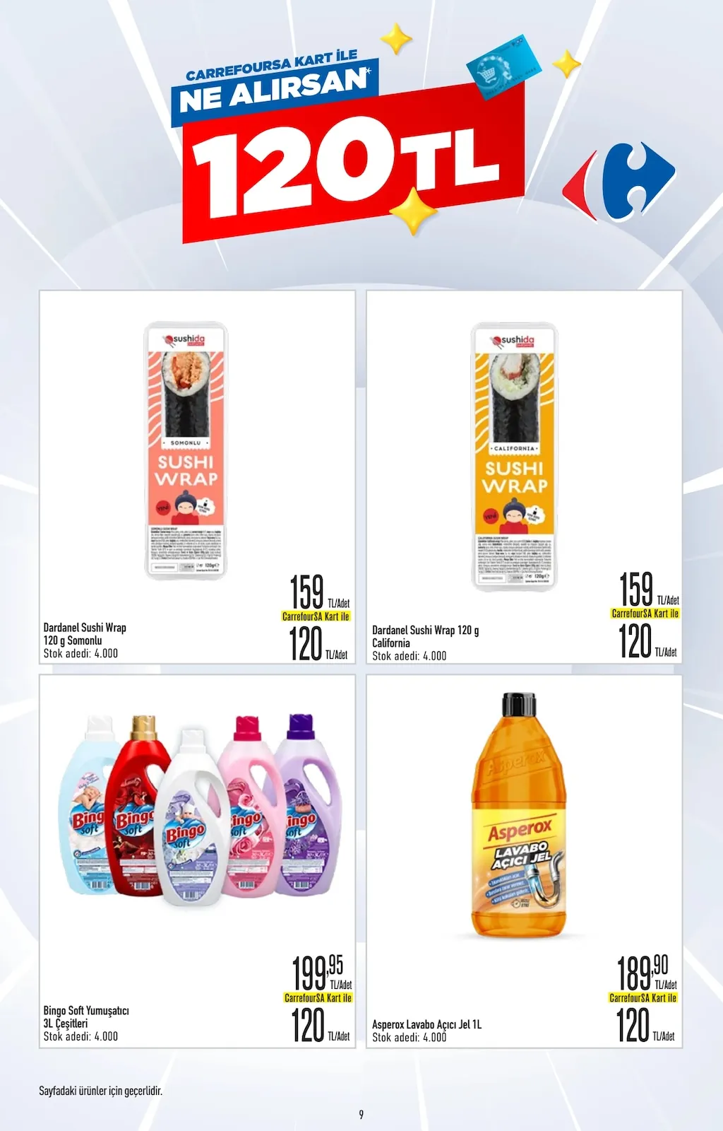 CarrefourSA CarrefourSA 1 Haziran 2026 Aktüel Kataloğu sayfa 9: Dardanel Sushi Wrap 120 G California, Asperox Lavabo Acici Jel 1L