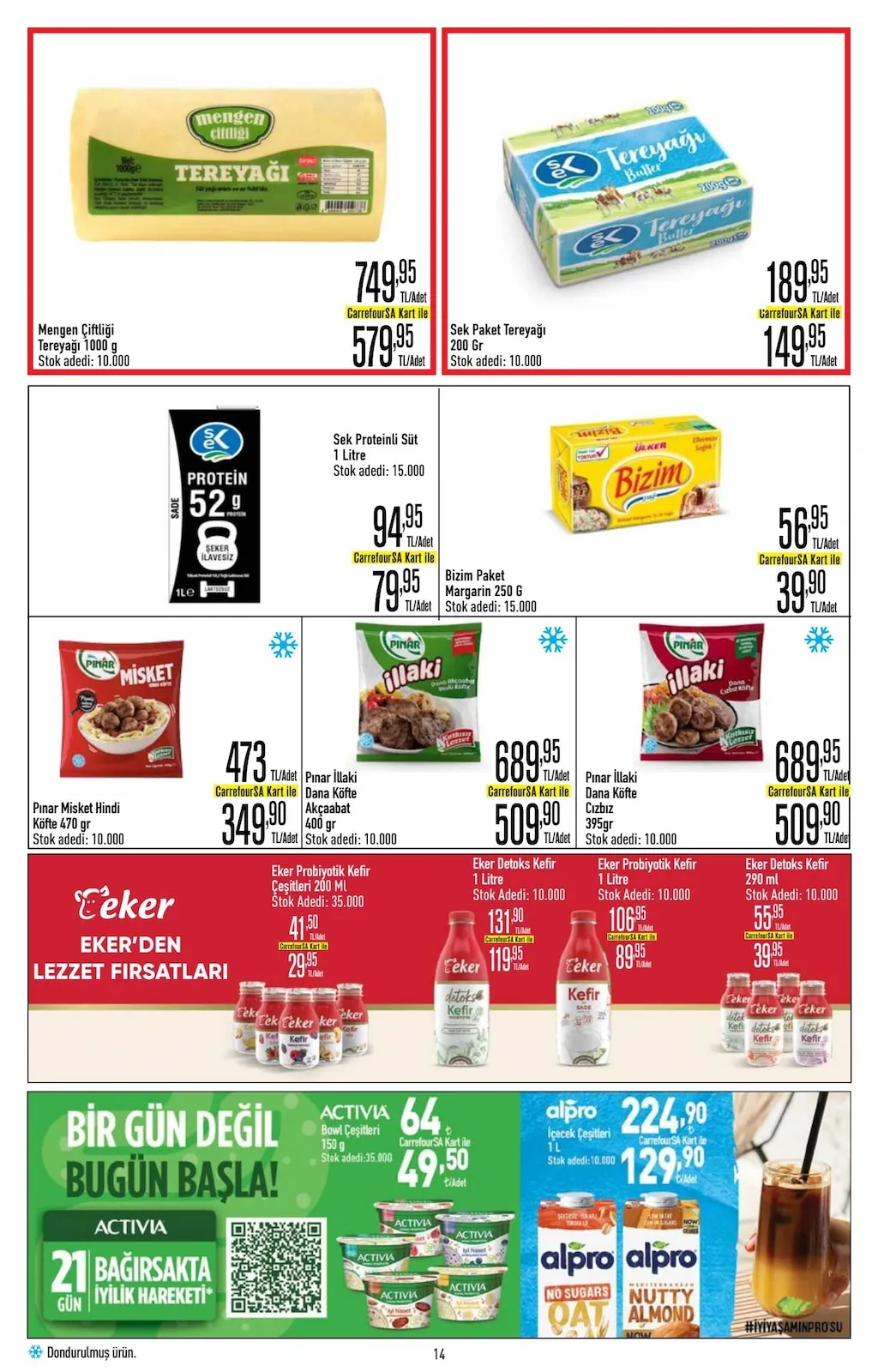 CarrefourSA CarrefourSA 11 Haziran 2026 Aktüel Kataloğu sayfa 14: Pınar İllaki Dana Köfte Cızbız 395Gr, Eker Detoks Kefir 290 Ml