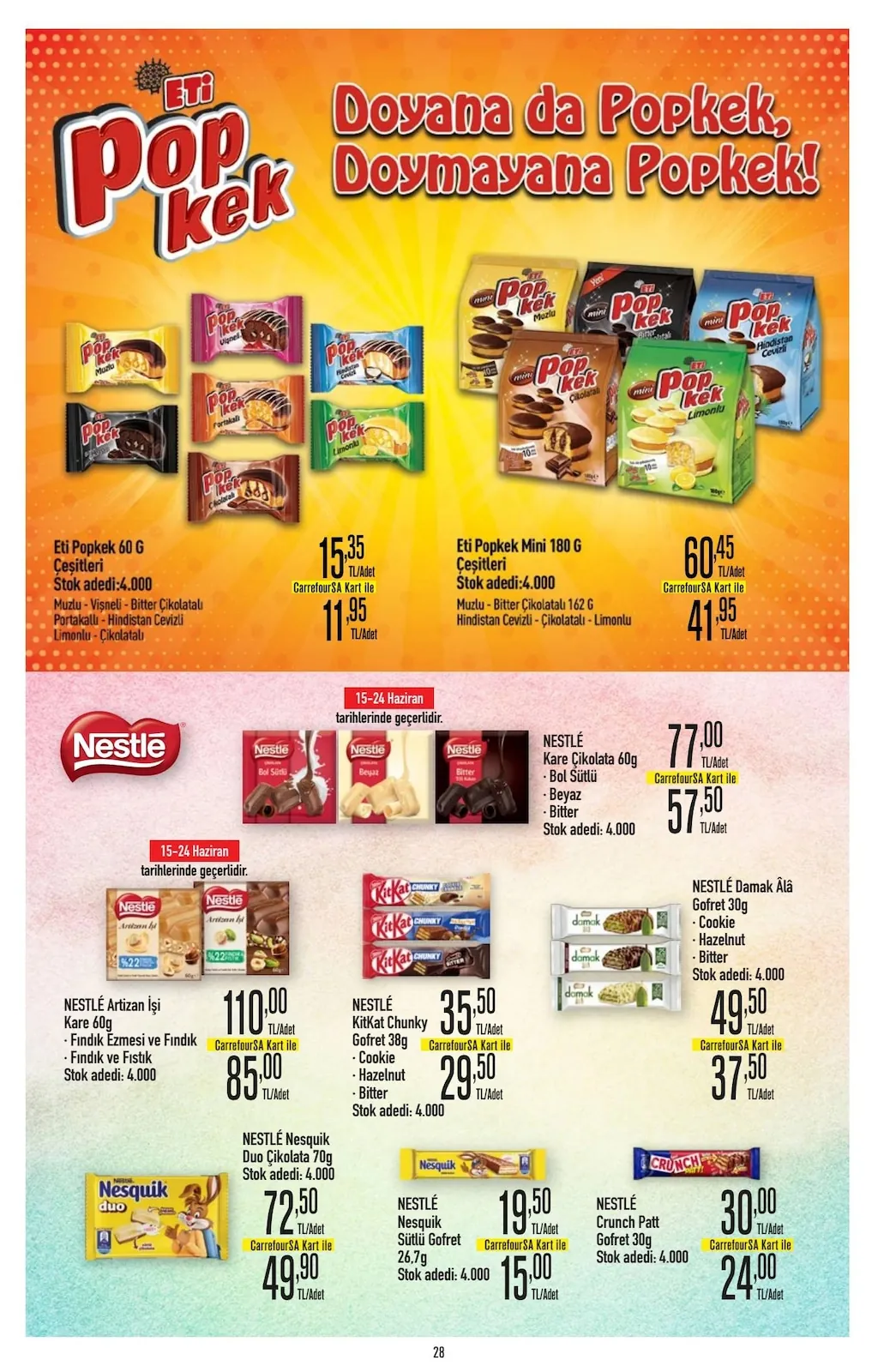 CarrefourSA CarrefourSA 11 Haziran 2026 Aktüel Kataloğu sayfa 28: Nestlé Kitkat Chunky Gofret 38G, Nestlé Damak Ala Gofret 30G