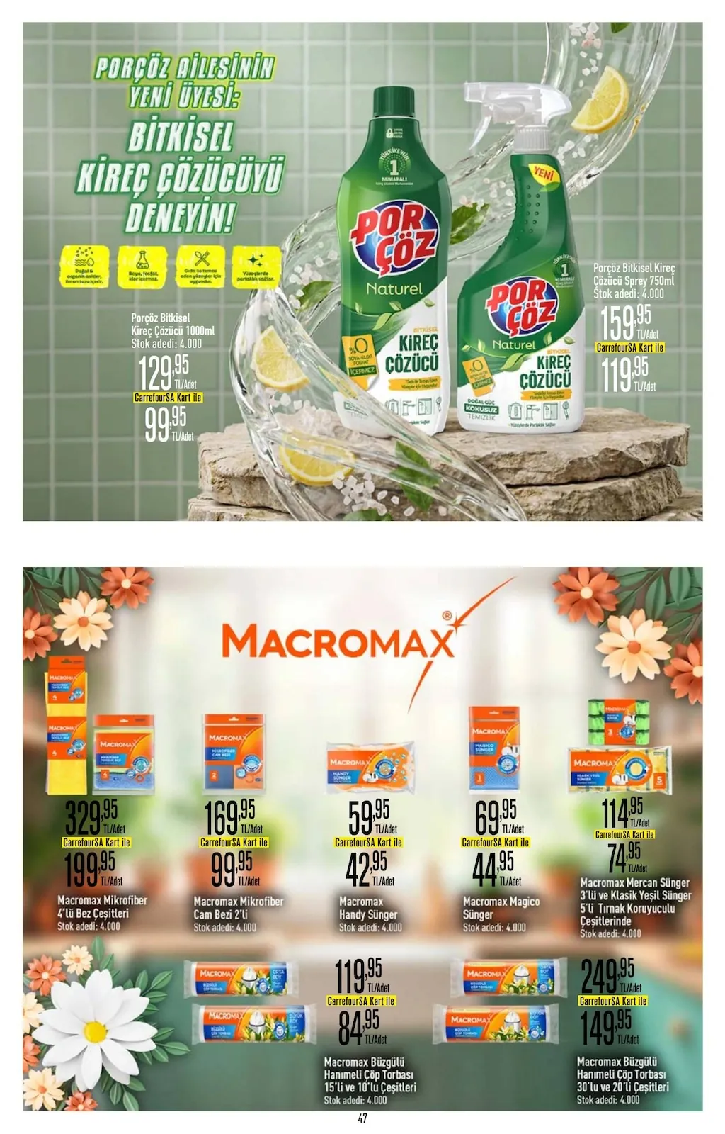 CarrefourSA CarrefourSA 11 Haziran 2026 Aktüel Kataloğu sayfa 48: Porçöz Bitkisel Kireç Çözücü Sprey 750Ml, Macromax Mikrofiber Cam Bezi 2'Li