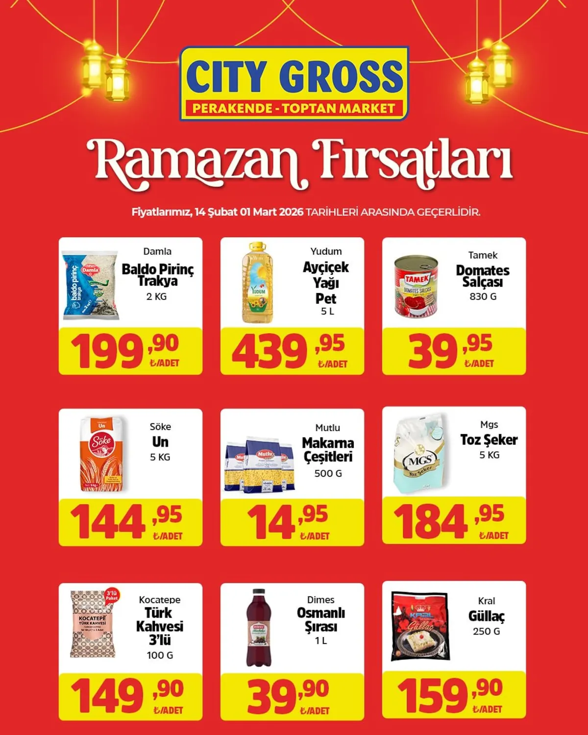 City City Gross 14 Şubat 2026 Aktüel Kataloğu sayfa 12: Mutlu Makarna Çeşitleri 500 G, Mgs Toz Şeker 5 Kg