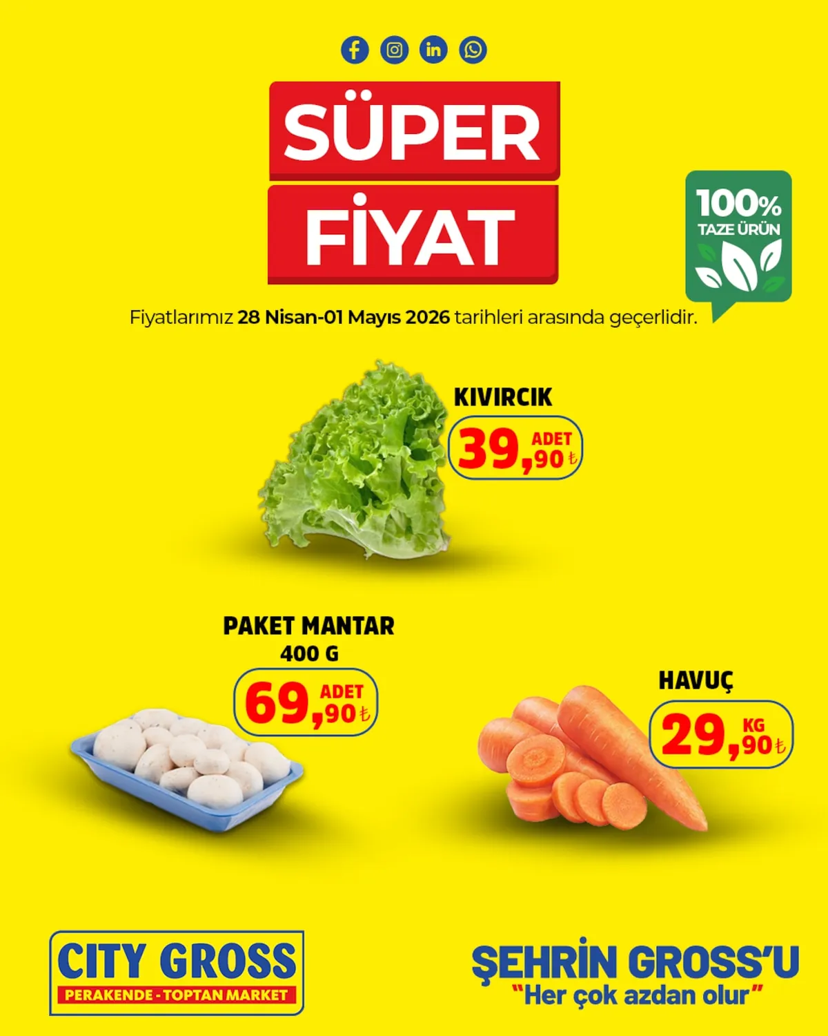 City City Gross 28 Nisan 2026 Aktüel Kataloğu sayfa 5: Paket Mantar 400G, Havuç 1Kg