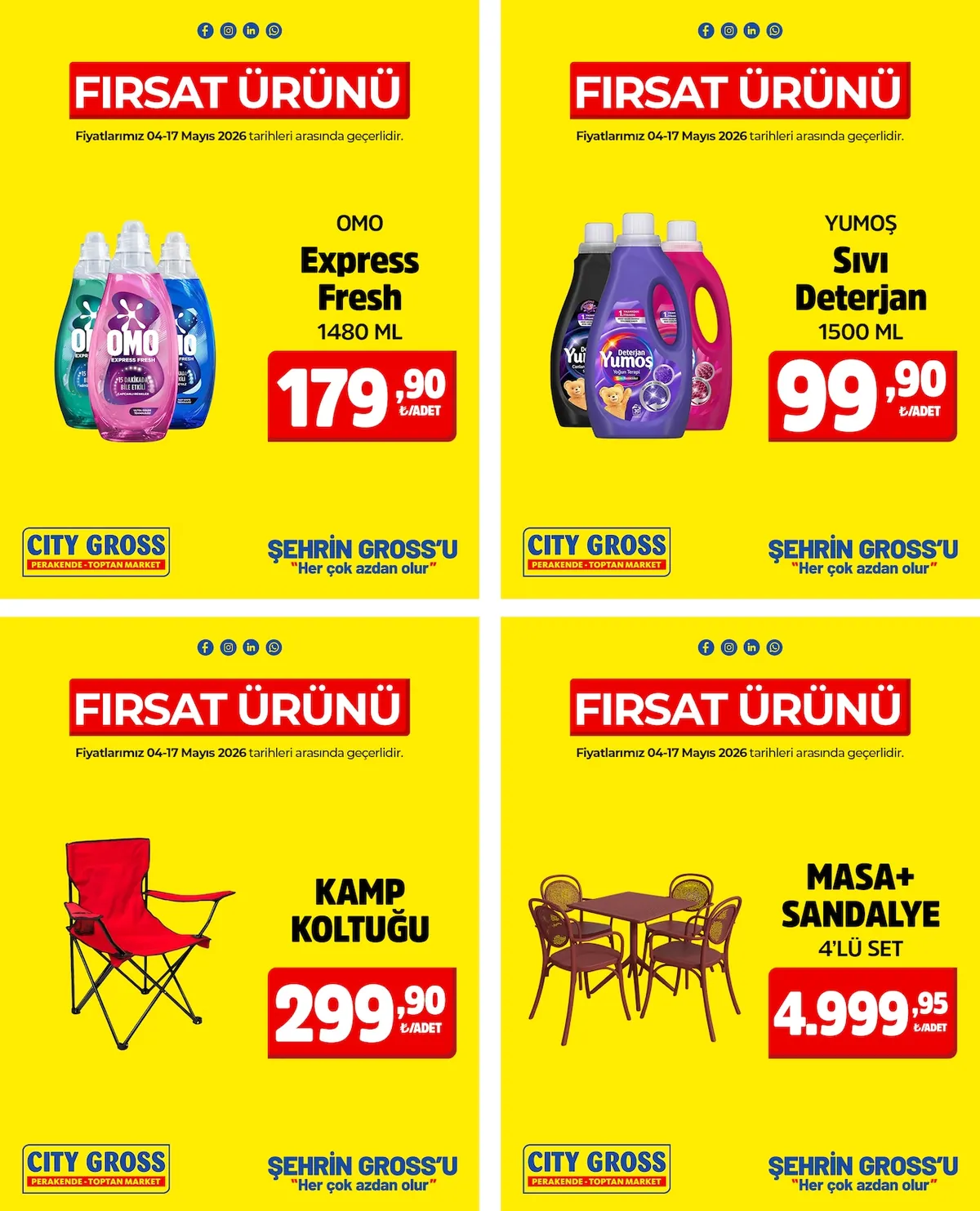 City City Gross 4 Mayıs 2026 Aktüel Kataloğu sayfa 2: Masa+Sandalye 4'Lü Set, Omo Express Fresh 1480 Ml