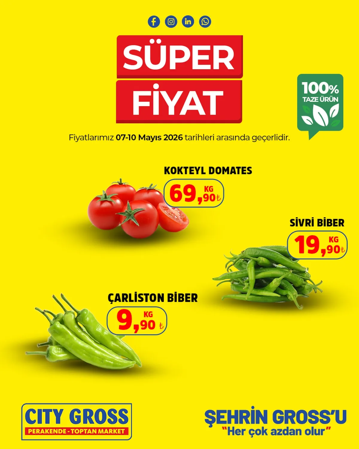 City City Gross 7 Mayıs 2026 Aktüel Kataloğu sayfa 2: Çarliston Biber 1Kg, Kokteyl Domates 1Kg
