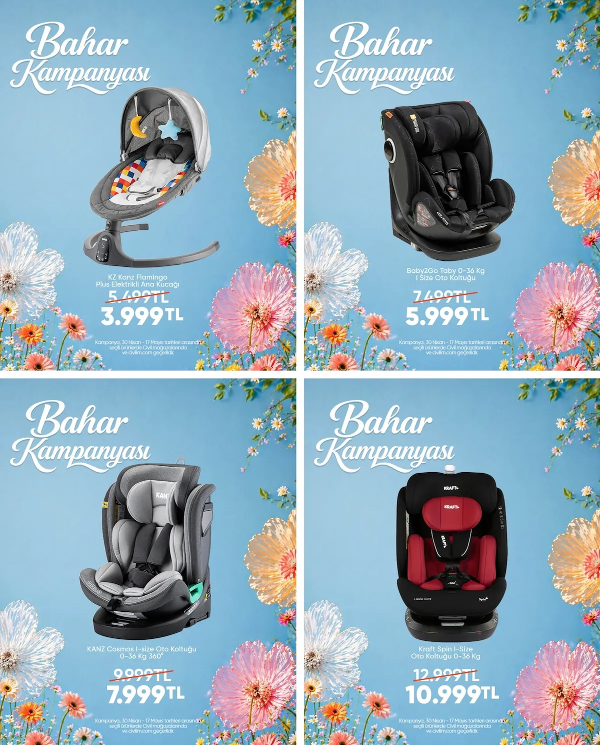 Civil Civil 30 Nisan 2026 Aktüel Kataloğu sayfa 2: Kz Kanz Flamingo Plus Elektrikli Ana Kucağı, Baby2Go Taby 0-36 Kg I Size Oto Koltuğu