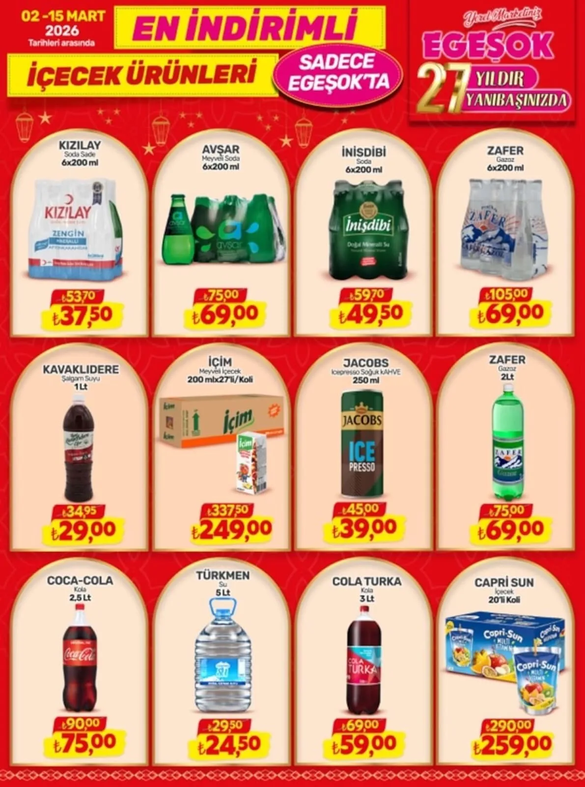 Egeşok Egeşok 2 Mart 2026 Aktüel Kataloğu sayfa 2: Capri Sun İçecek 20'Li Koli, Zafer Gazoz 6X200 Ml