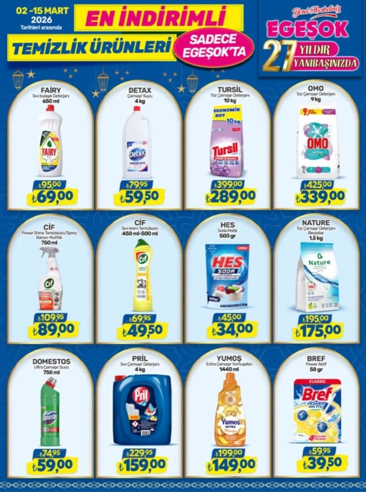 Egeşok Egeşok 2 Mart 2026 Aktüel Kataloğu sayfa 3: Pril Sıvı Çamaşır Deterjanı 4 Kg, Hes Soda Matik 500 Gr