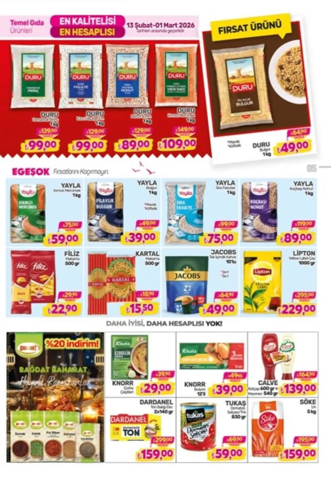 Egeşok Egeşok 13 Şubat 2026 Aktüel Kataloğu sayfa 5: Knorr Tavuk Suyu Bulyon 12'Li, Kartal Makarna 500 Gr
