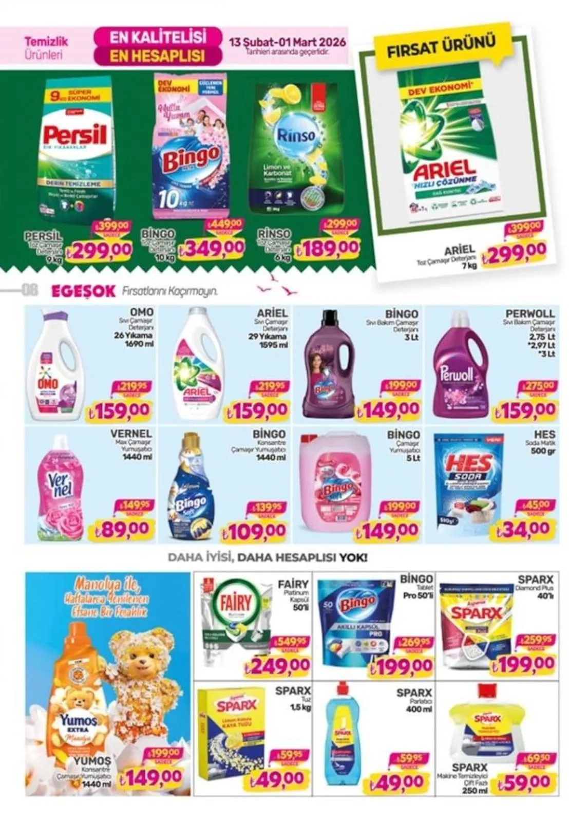 Egeşok Egeşok 13 Şubat 2026 Aktüel Kataloğu sayfa 8: Sparx Makine Temizleyici Çift Faz 250 Ml, Bi̇Ngo Toz Çamaşır Deterjanı 10 Kg