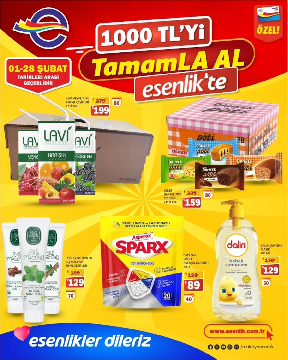 Esenlik Esenlik 1 Şubat 2026 Aktüel Kataloğu sayfa 1: Dalin Şampuan Klasik 700 Ml, Eyüp Sabri Tuncer Diş Macunu 90 Ml Çeşitleri