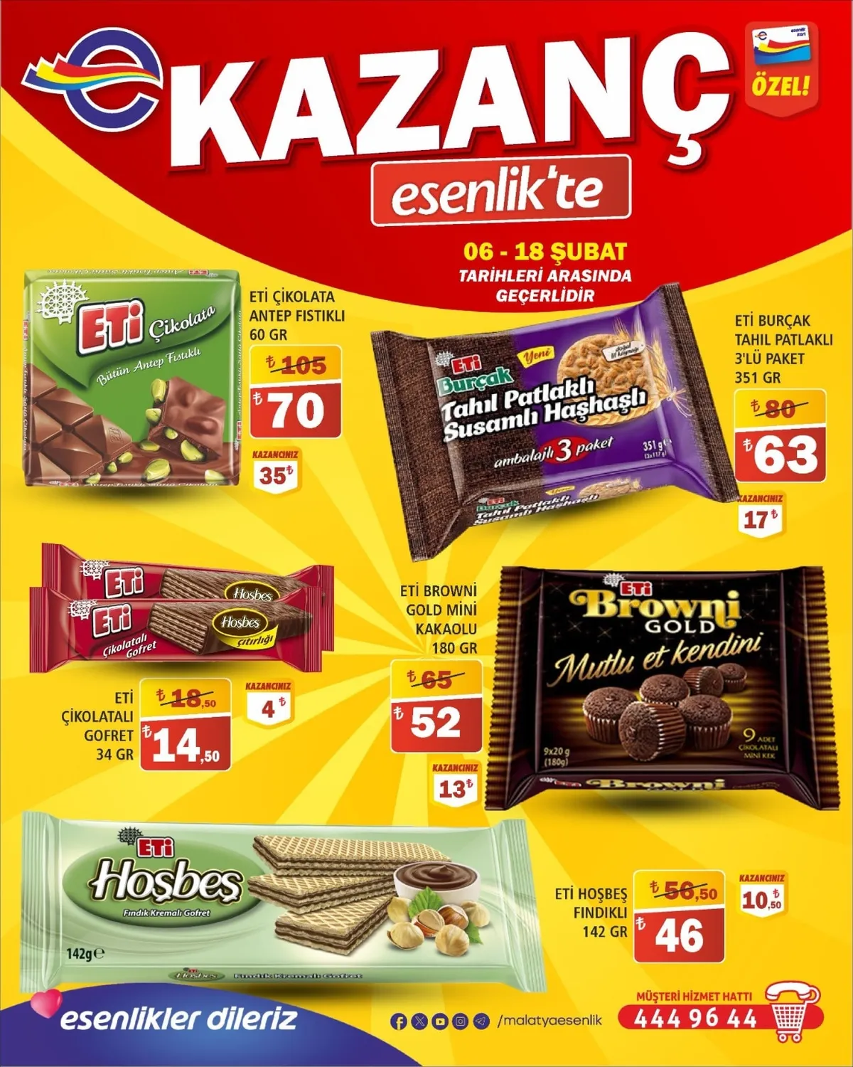 Esenlik Esenlik 6 Şubat 2026 Aktüel Kataloğu sayfa 1: Eti̇ Çi̇Kolatali Gofret 34 Gr, Eti̇ Çi̇Kolata Antep Fistikli 60 Gr