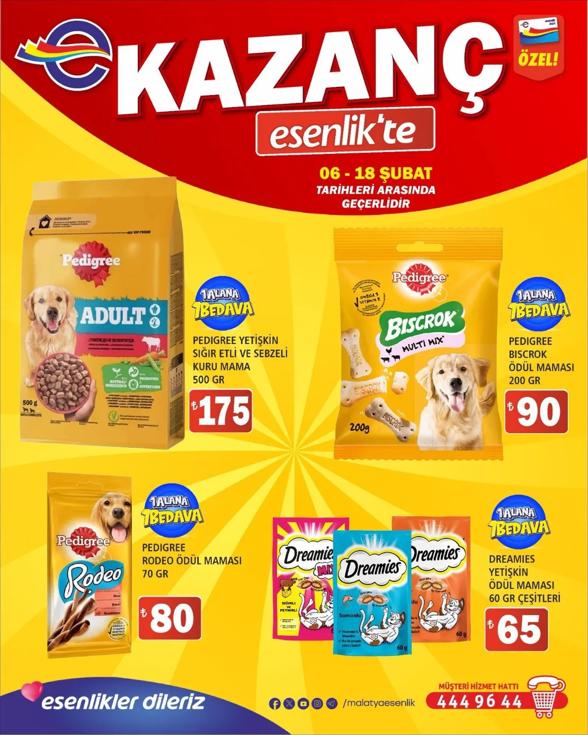 Esenlik Esenlik 6 Şubat 2026 Aktüel Kataloğu sayfa 10: Dreamies Yetişkin Ödül Maması 60 Gr Çeşitleri, Pedigree Biscrok Ödül Maması 200 Gr