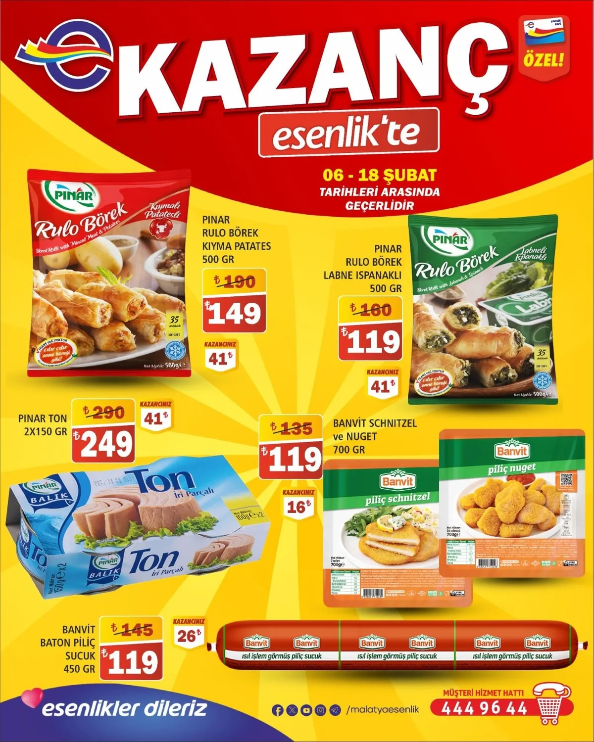 Esenlik Esenlik 6 Şubat 2026 Aktüel Kataloğu sayfa 15: Pinar Rulo Börek Labne Ispanakli 500 Gr, Pinar Rulo Börek Kiyma Patates 500 Gr