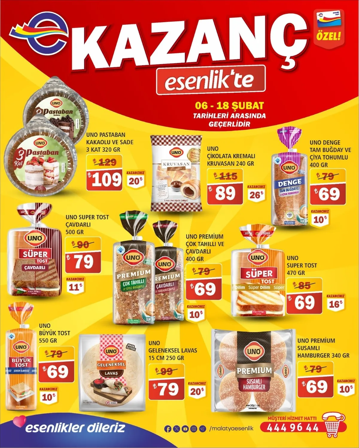 Esenlik Esenlik 6 Şubat 2026 Aktüel Kataloğu sayfa 16: Uno Super Tost 470 Gr, Uno Premium Susamli Hamburger 340 Gr