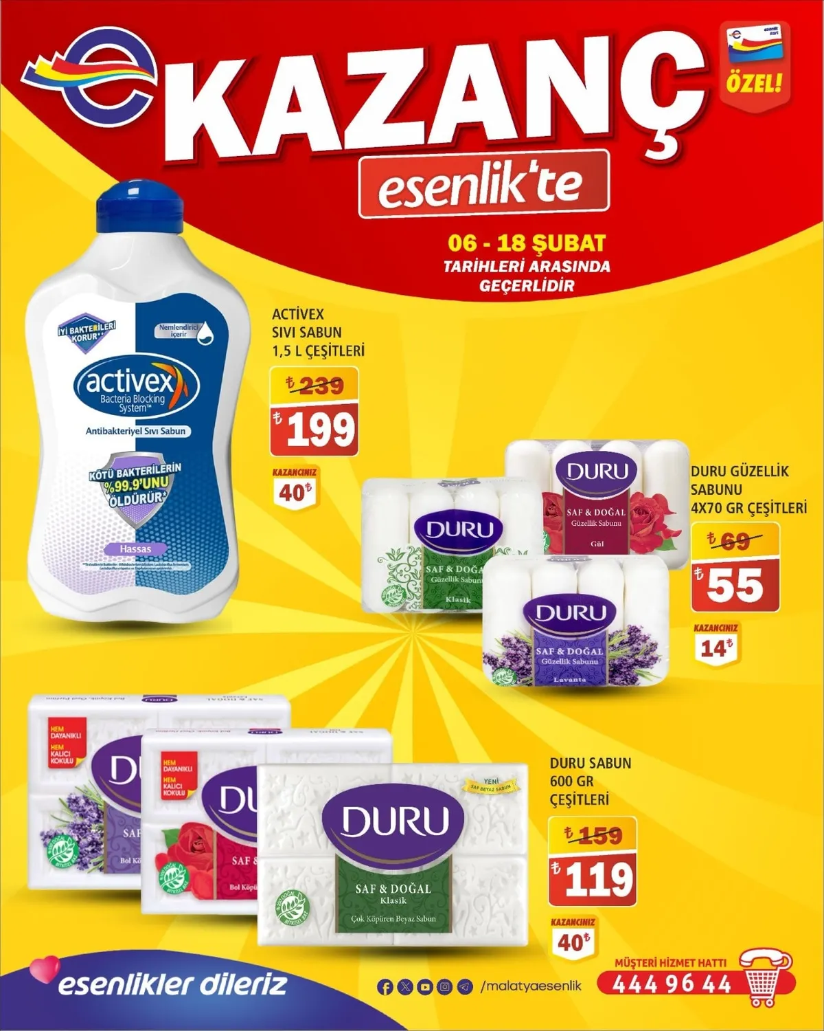 Esenlik Esenlik 6 Şubat 2026 Aktüel Kataloğu sayfa 6: Duru Sabun 600 Gr Çeşi̇Tleri̇, Activex Sivi Sabun 1,5 L Çeşi̇Tleri̇