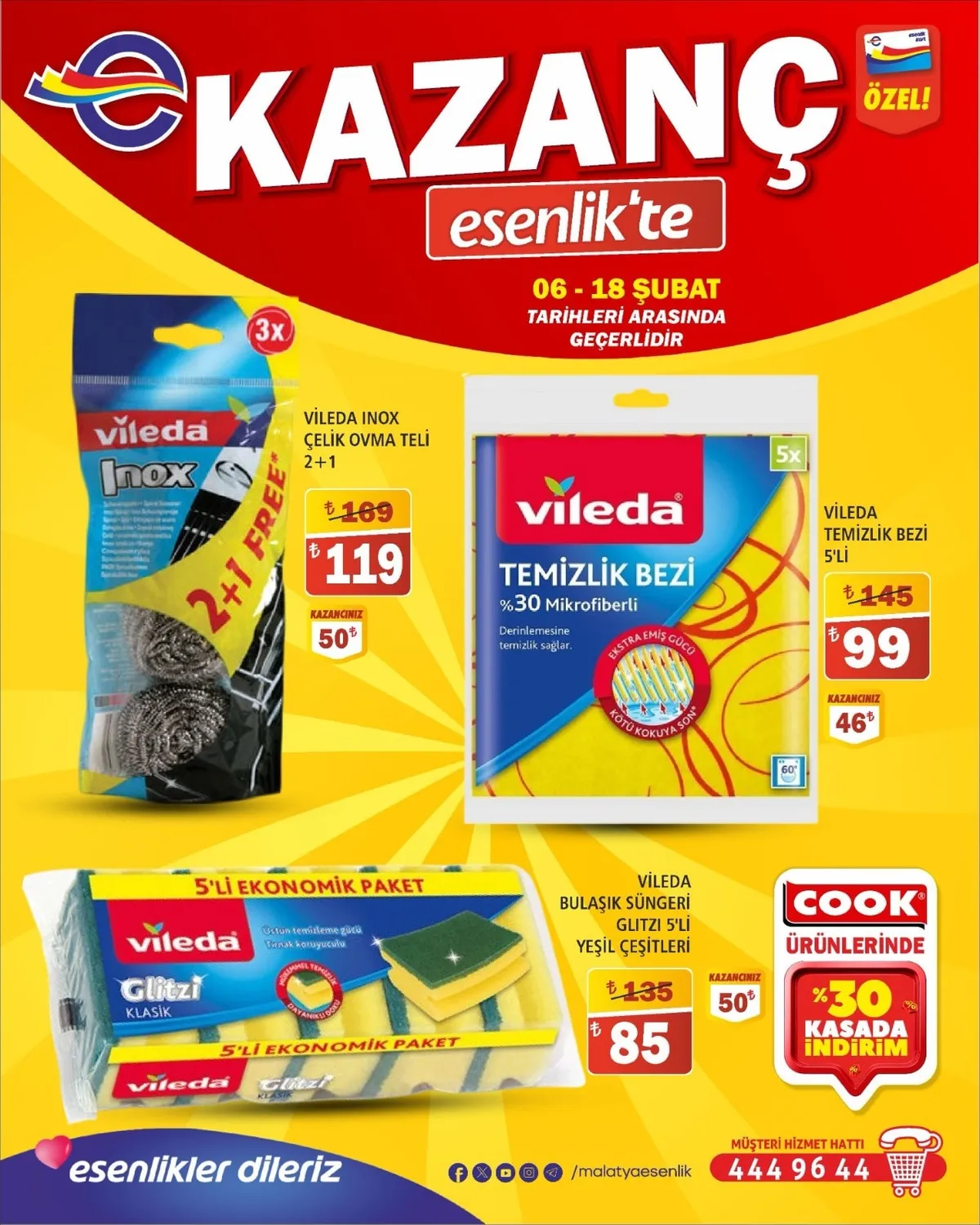 Esenlik Esenlik 6 Şubat 2026 Aktüel Kataloğu sayfa 7: Vileda Inox Çelik Ovma Teli 2+1, Vileda Bulaşık Süngeri Glitzi 5'Li Yeşil Çeşitleri