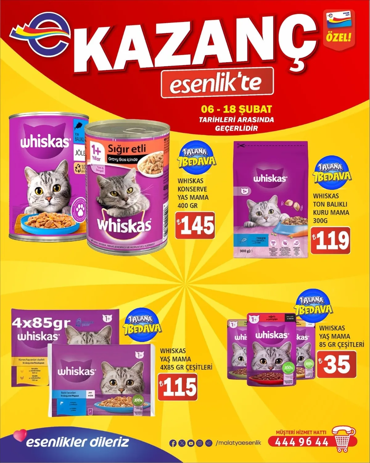 Esenlik Esenlik 6 Şubat 2026 Aktüel Kataloğu sayfa 9: Whiskas Yaş Mama 85 Gr Çeşi̇Tleri̇, Whiskas Ton Balikli Kuru Mama 300G