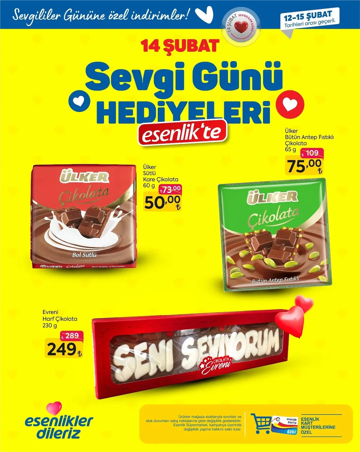 Esenlik Esenlik 12 Şubat 2026 Aktüel Kataloğu sayfa 1: Ülker Sütlü Kare Çikolata 60 G, Ülker Bütün Antep Fıstıklı Çikolata 65 G