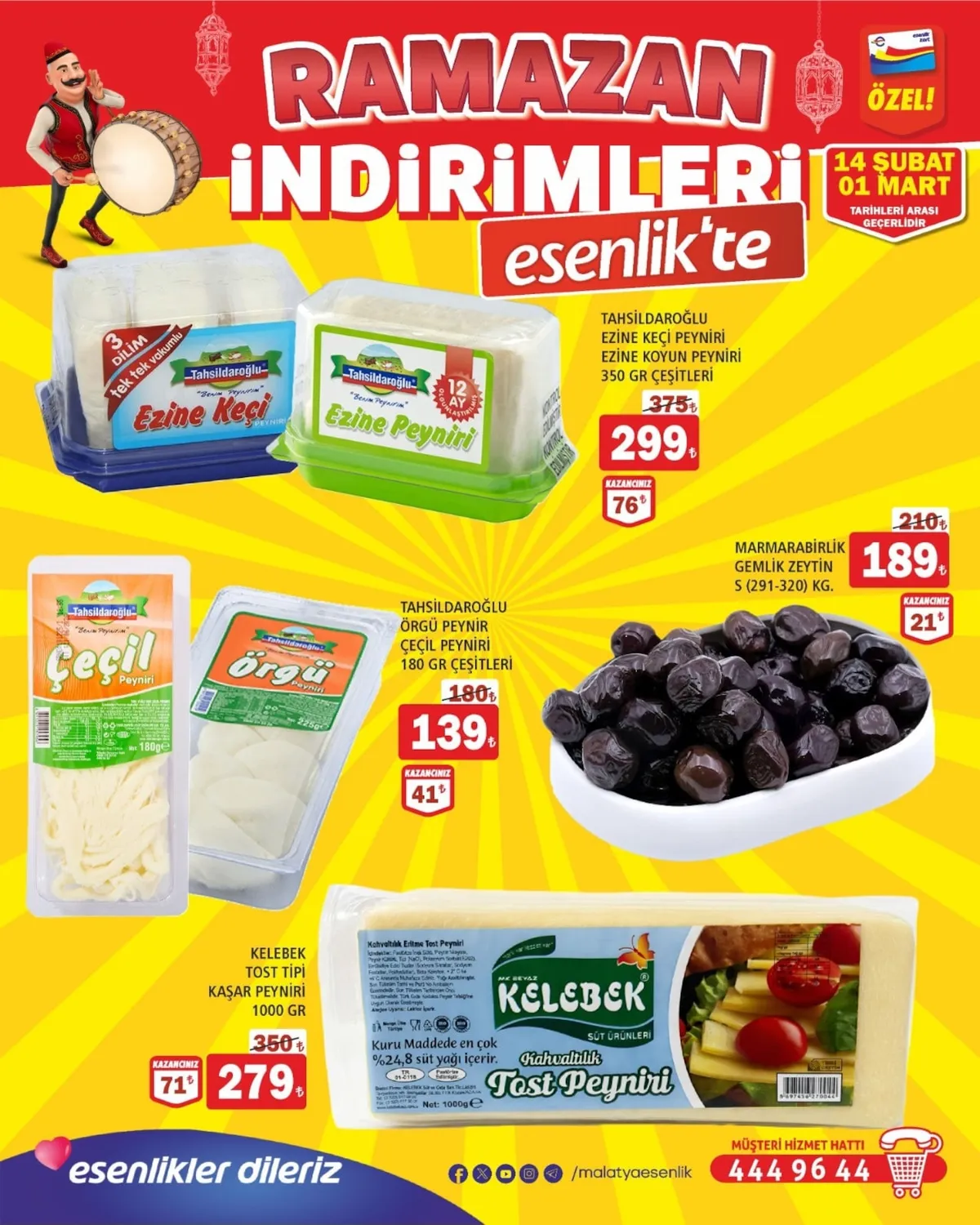 Esenlik Esenlik 14 Şubat 2026 Aktüel Kataloğu sayfa 1: Kelebek Tost Tipi Kaşar Peyniri 1000 Gr, Tahsildaroğlu Ezine Keçi Peyniri 350 Gr Çeşi̇Tleri̇