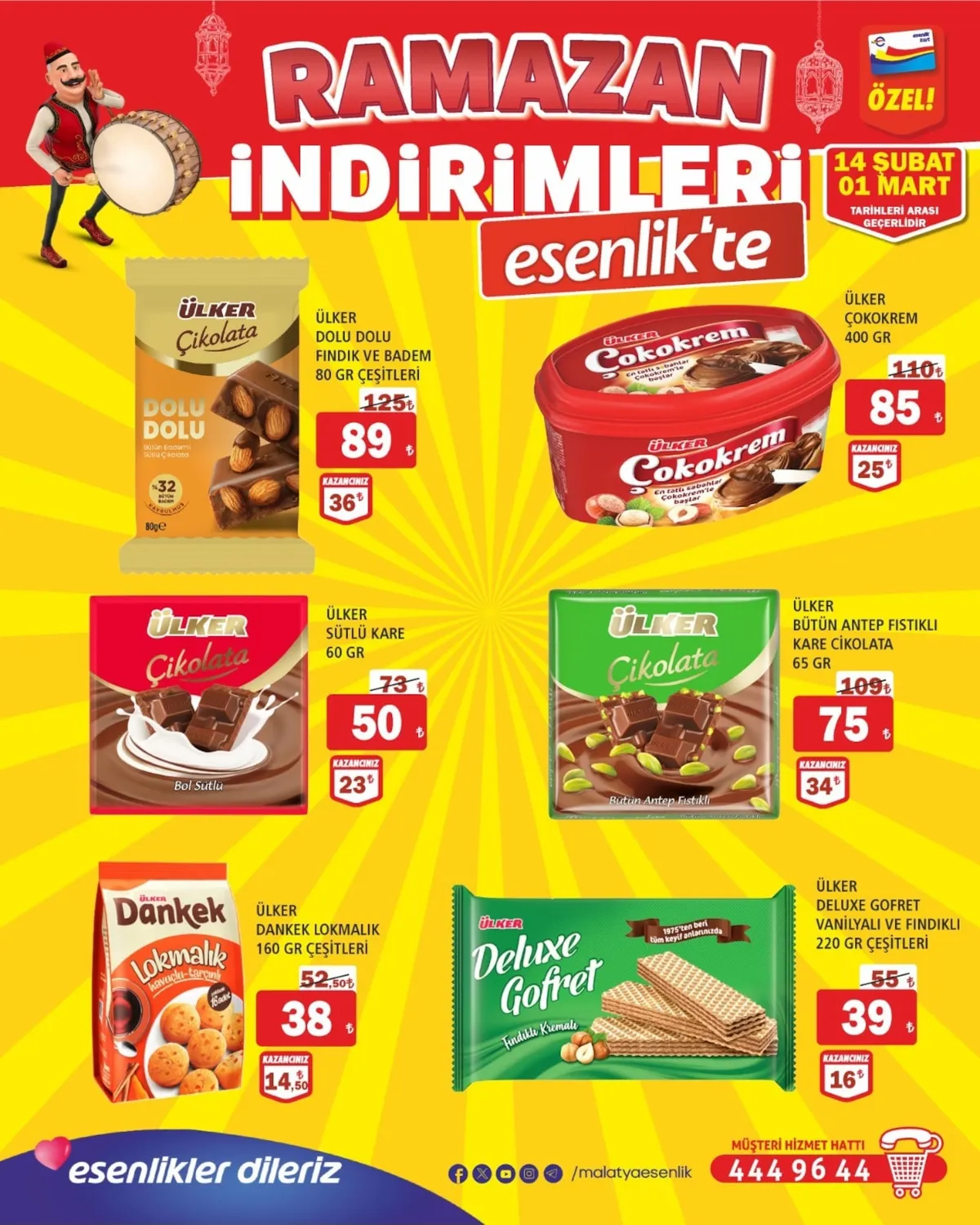 Esenlik Esenlik 14 Şubat 2026 Aktüel Kataloğu sayfa 13: Ülker Bütün Antep Fıstıklı Kare Çikolata 65 Gr, Ülker Sütlü Kare Çikolata 60 Gr