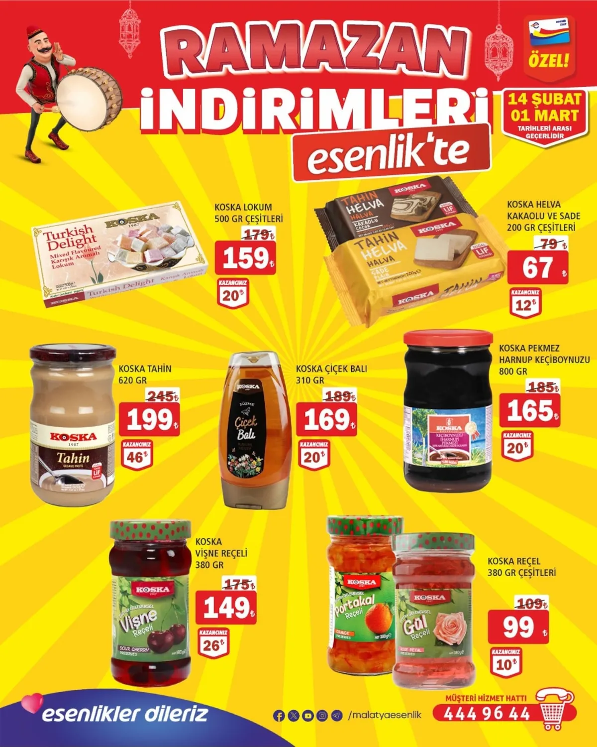 Esenlik Esenlik 14 Şubat 2026 Aktüel Kataloğu sayfa 2: Koska Pekmez Harnup Keçi̇Boynuzu 800 Gr, Koska Tahi̇N 620 Gr