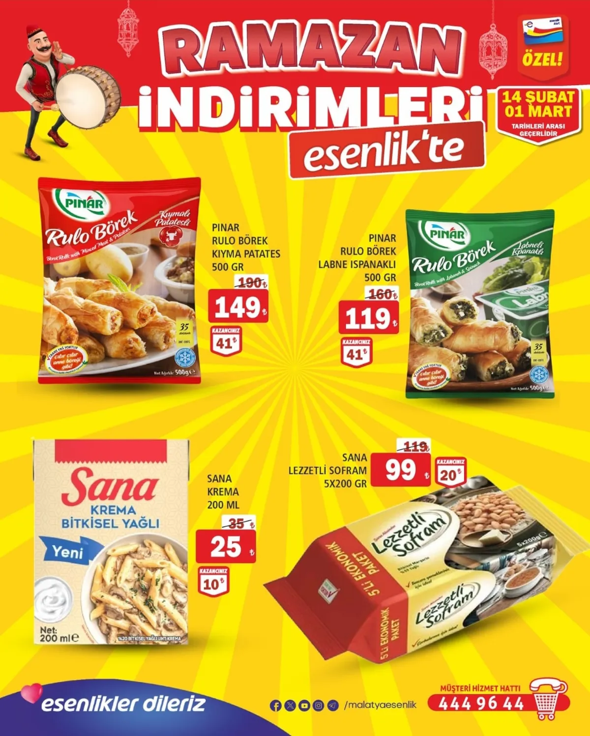 Esenlik Esenlik 14 Şubat 2026 Aktüel Kataloğu sayfa 23: Pinar Rulo Börek Labne Ispanakli 500 Gr, Pinar Rulo Börek Kiyma Patates 500 Gr