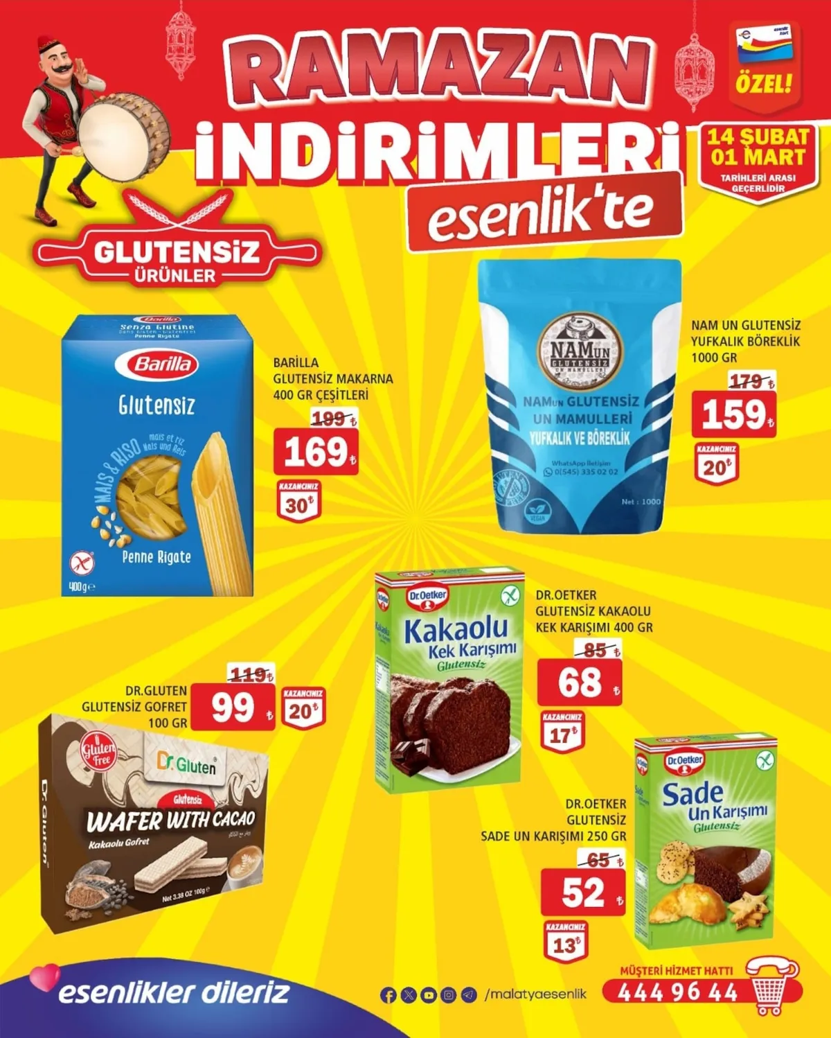 Esenlik Esenlik 14 Şubat 2026 Aktüel Kataloğu sayfa 25: Dr.Oetker Glutensiz Sade Un Karışımı 250 Gr, Dr.Gluten Glutensiz Gofret 100 Gr