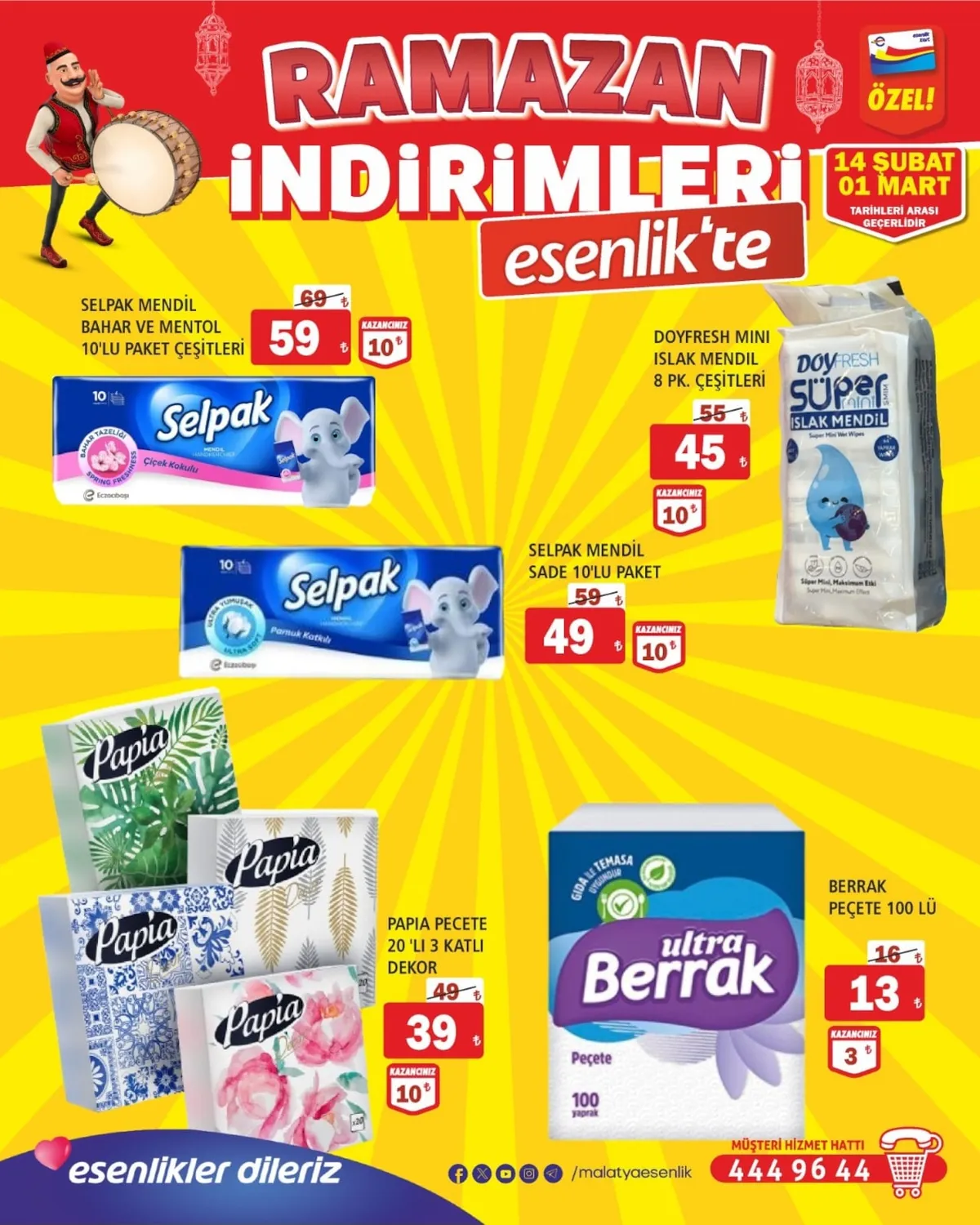 Esenlik Esenlik 14 Şubat 2026 Aktüel Kataloğu sayfa 28: Berrak Peçete 100'Lü, Selpak Mendil Bahar Ve Mentol 10'Lu Paket Çeşitleri
