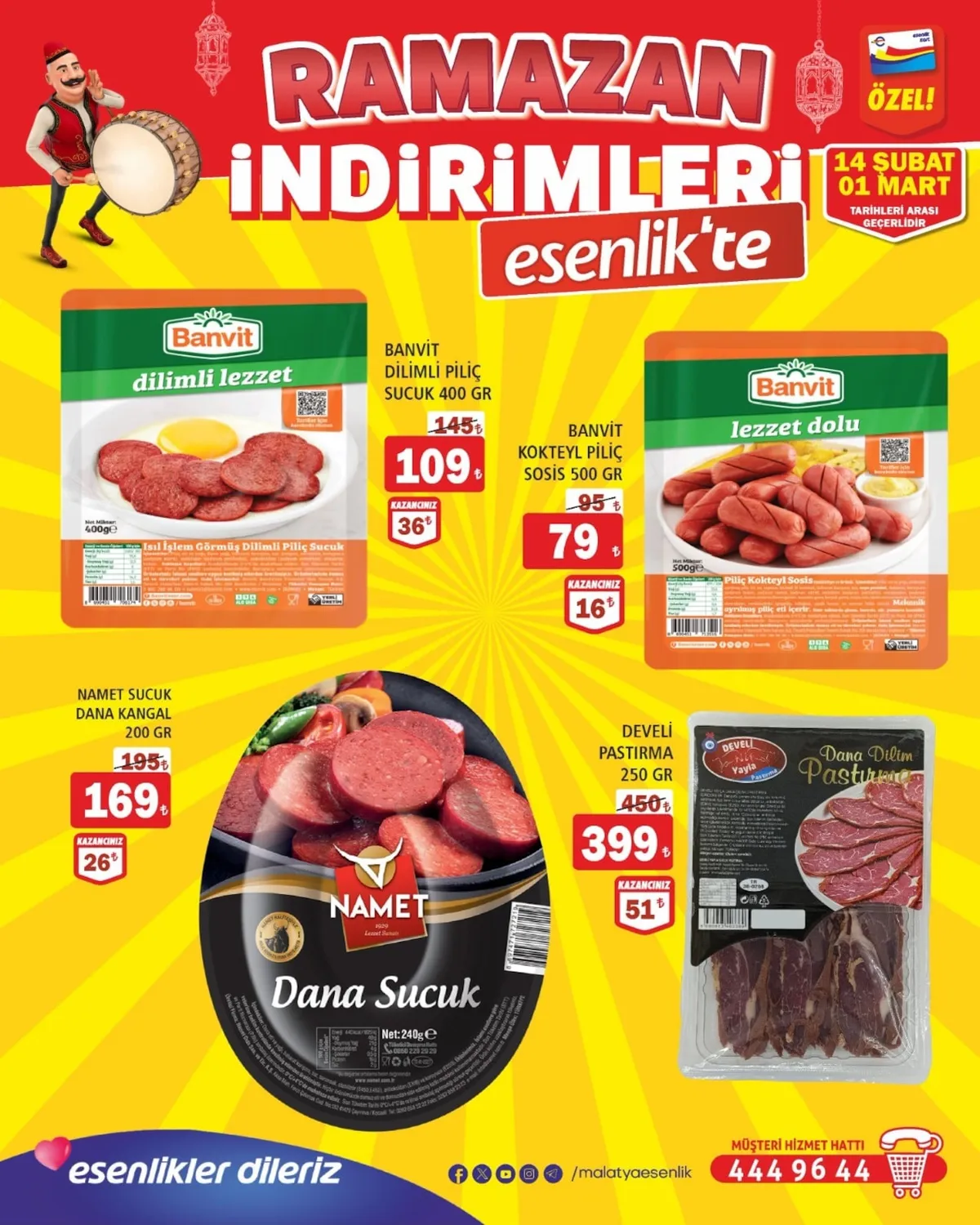 Esenlik Esenlik 14 Şubat 2026 Aktüel Kataloğu sayfa 3: Banvit Kokteyl Piliç Sosis 500 Gr, Develi Dana Dilim Pastırma 250 Gr