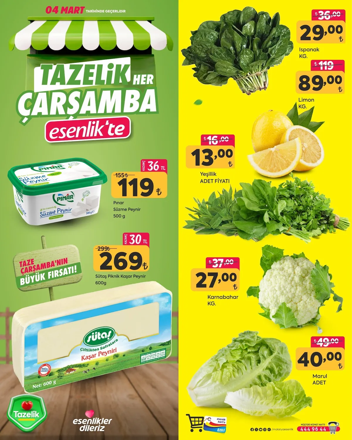 Esenlik Esenlik 4 Mart 2026 Aktüel Kataloğu sayfa 2: Marul Adet, Sütaş Piknik Kaşar Peynir 600G