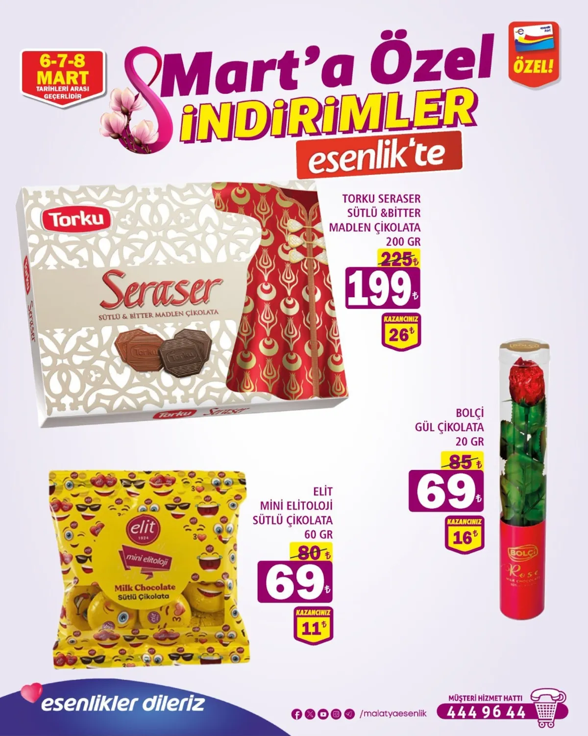 Esenlik Esenlik 6 Mart 2026 Aktüel Kataloğu sayfa 1: Elit Mini Elitoloji Sütlü Çikolata 60 Gr, Bolçi Gül Çikolata 20 Gr