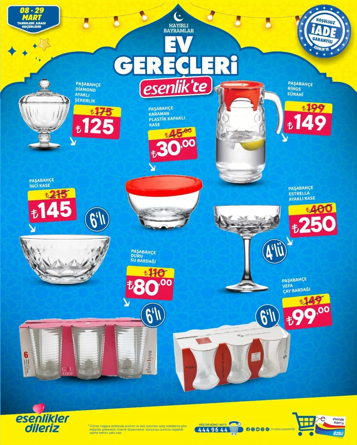 Esenlik Esenlik 8 Mart 2026 Aktüel Kataloğu sayfa 3: Paşabahçe Diamond Ayaklı Şekerlik, Paşabahçe Vefa Çay Bardağı 6'Lı