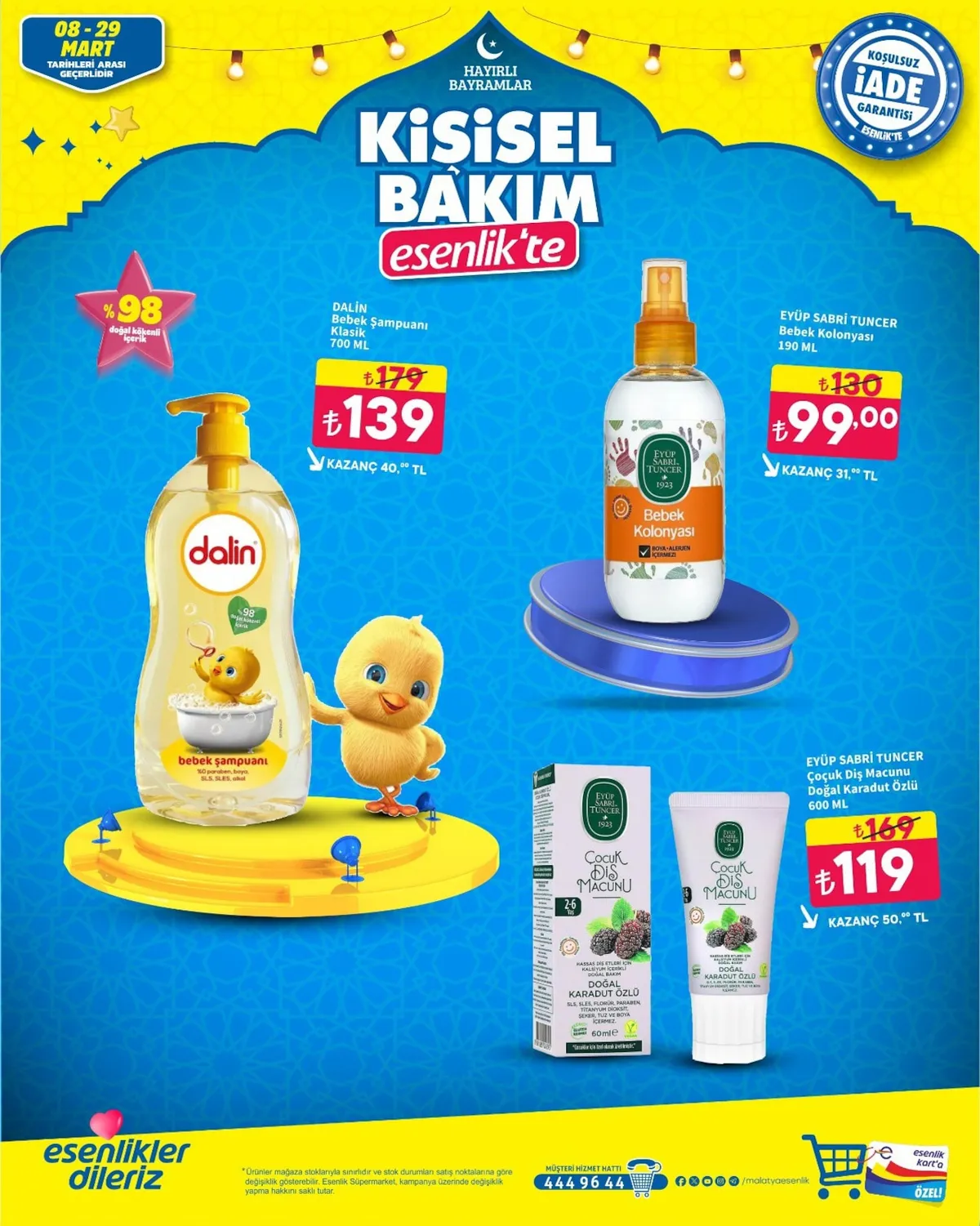 Esenlik Esenlik 8 Mart 2026 Aktüel Kataloğu sayfa 5: Eyüp Sabri Tuncer Çocuk Diş Macunu Doğal Karadut Özlü 60 Ml, Eyüp Sabri Tuncer Bebek Kolonyası 190 Ml