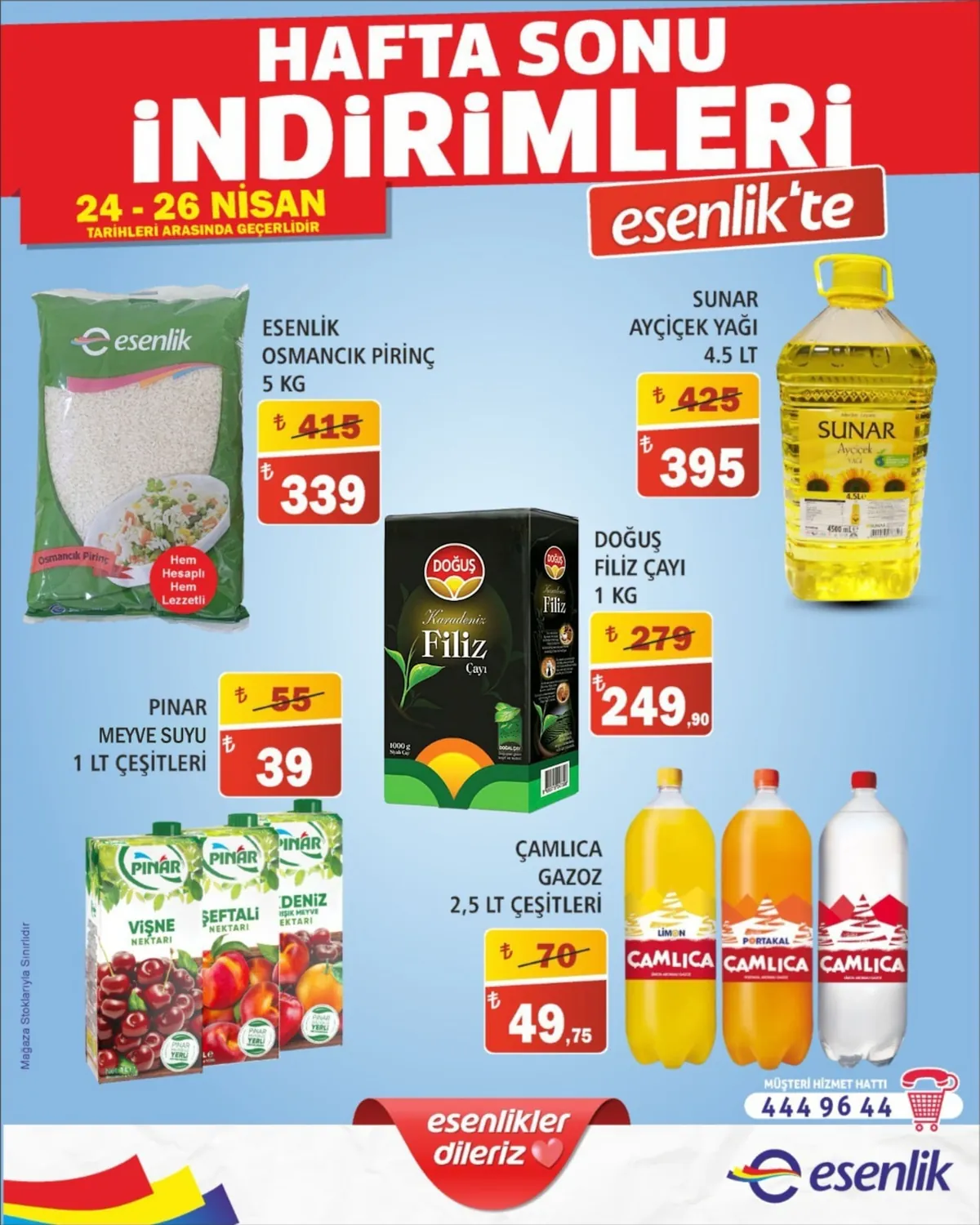 Esenlik Esenlik 24 Nisan 2026 Aktüel Kataloğu sayfa 1: Sunar Ayçiçek Yaği 4.5 Lt, Doğuş Karadeniz Filiz Çayi 1 Kg