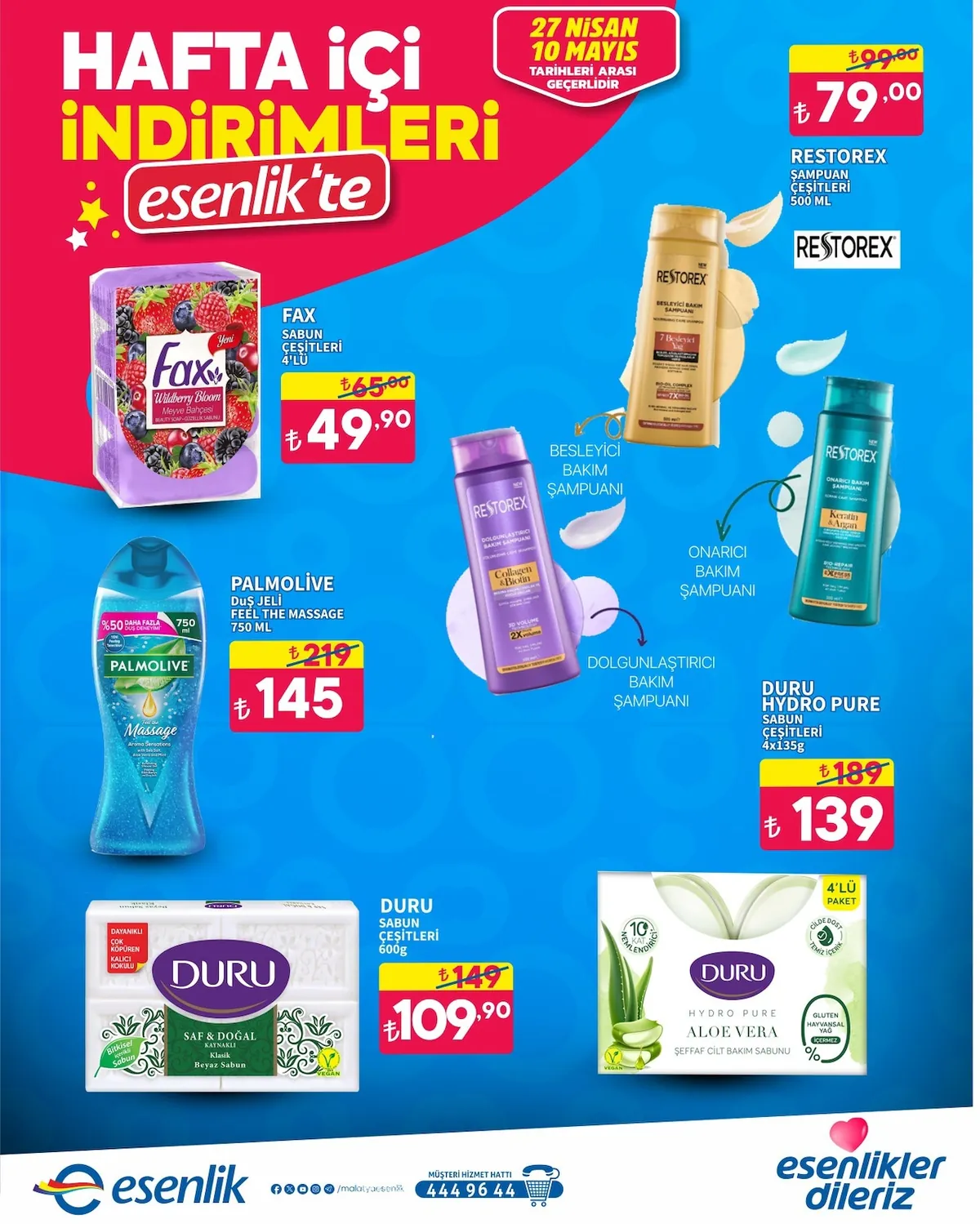 Esenlik Esenlik 27 Nisan 2026 Aktüel Kataloğu sayfa 10: Palmolive Duş Jeli Feel The Massage 750 Ml, Fax Sabun Çeşitleri 4'Lü