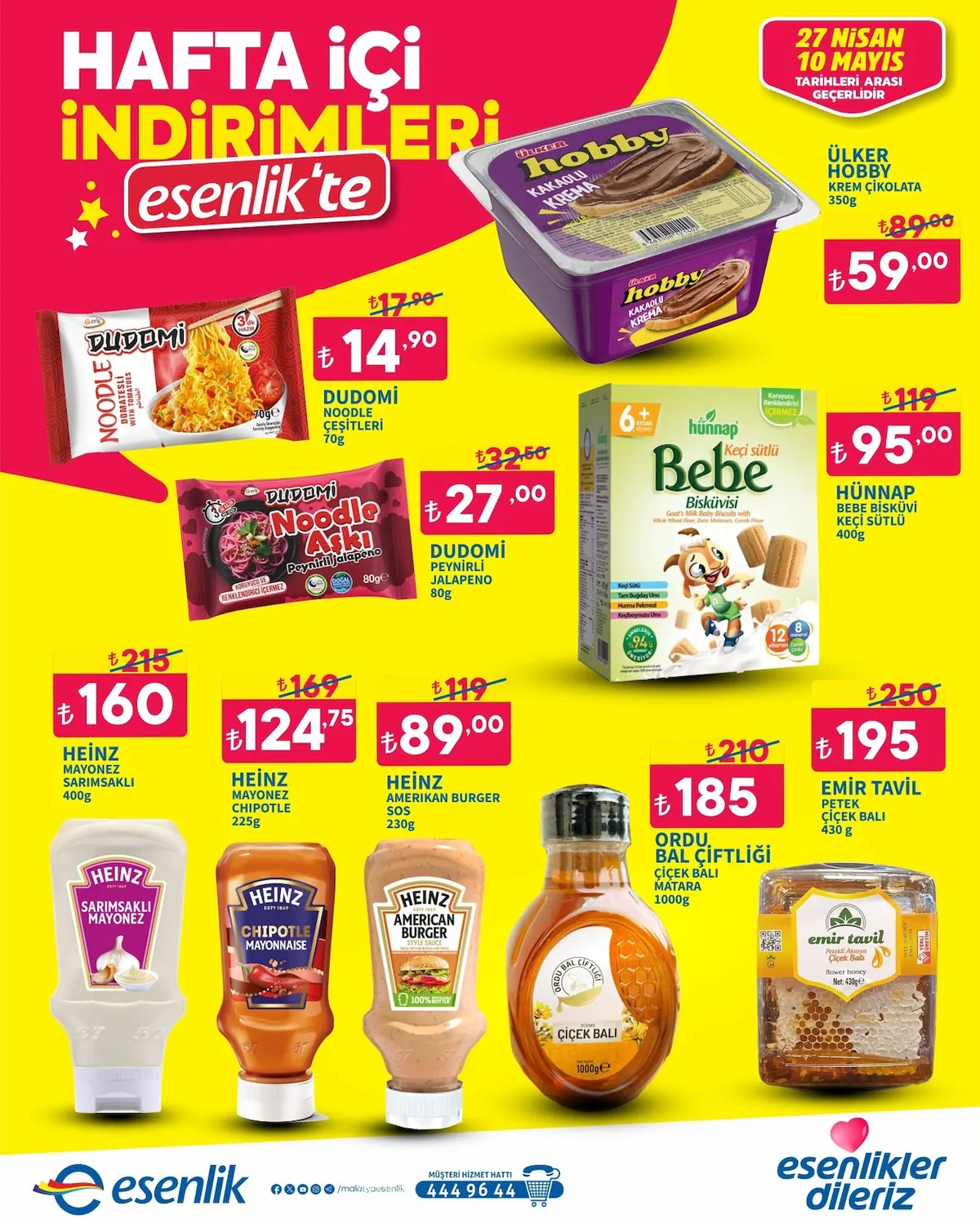 Esenlik Esenlik 27 Nisan 2026 Aktüel Kataloğu sayfa 3: Hünnap Bebe Keçi Sütlü Bisküvisi 400G, Heinz Mayonez Sarimsakli 400G